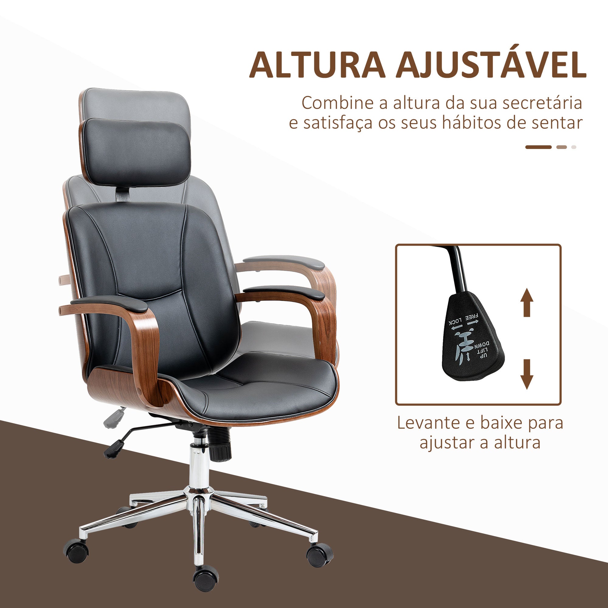 Cadeira de Escritório Conforto Máximo Couro PU Preto e Nogueira 63x62x120 cm