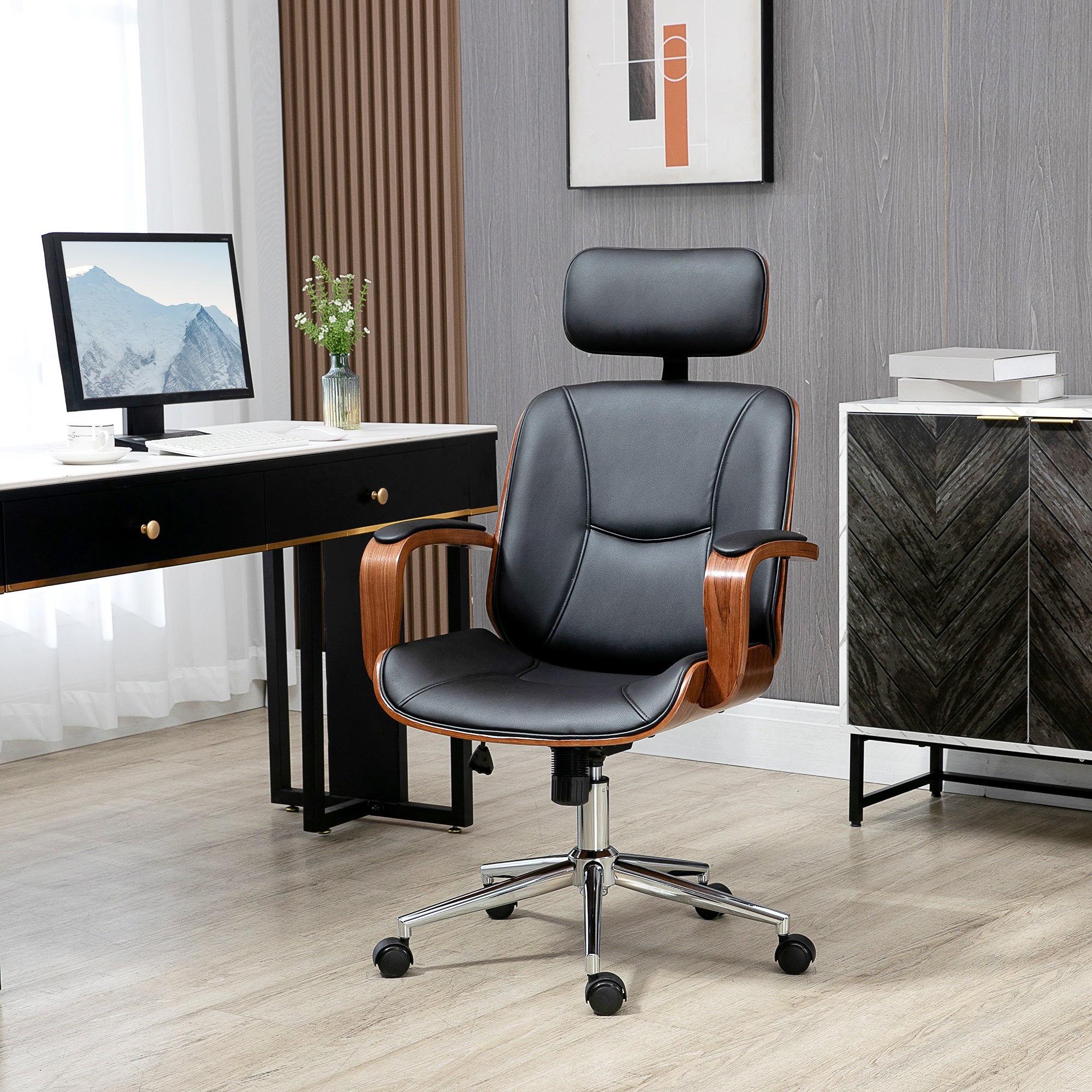 Cadeira de Escritório Conforto Máximo Couro PU Preto e Nogueira 63x62x120 cm