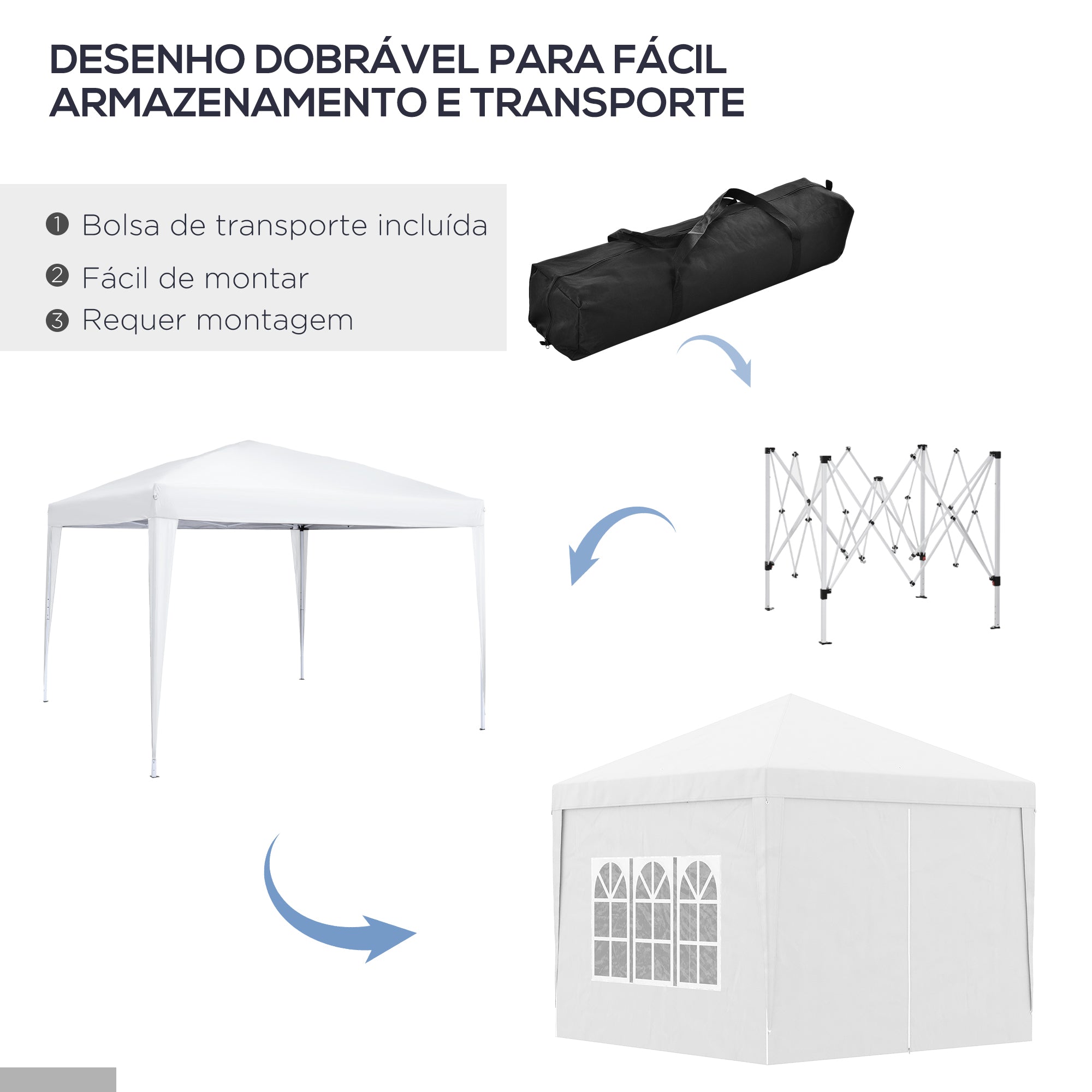 Tenda de Jardim com Paredes Laterais Amovíveis e Bolsa de Transporte 295x295x196-258 cm Branco