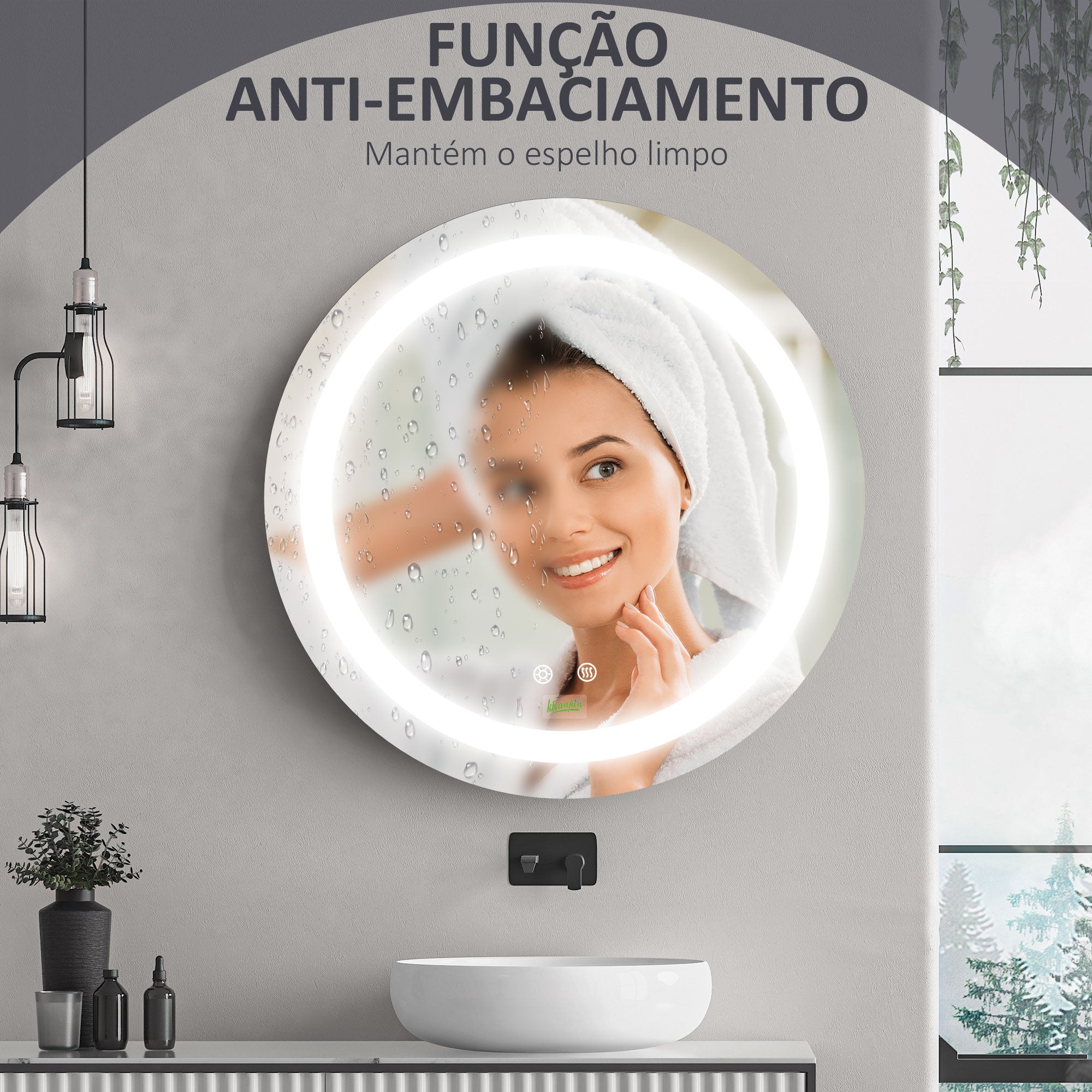 Espelho Redondo Prateado Ø50x4,6cm com Luz LED Ajustável