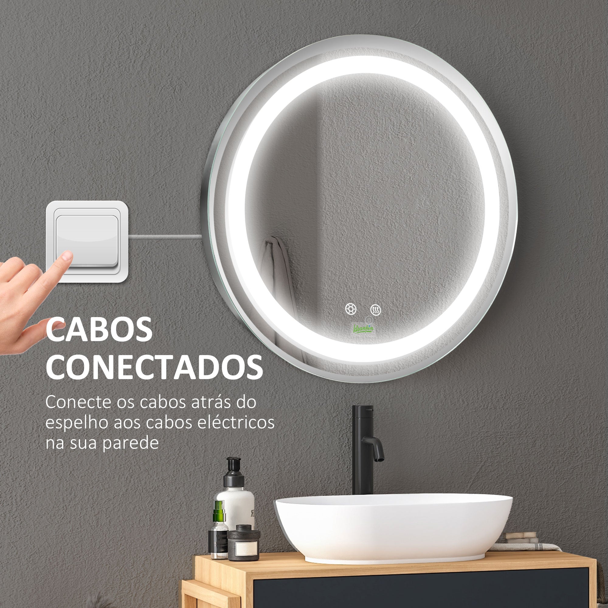 Espelho Redondo Prateado Ø50x4,6cm com Luz LED Ajustável