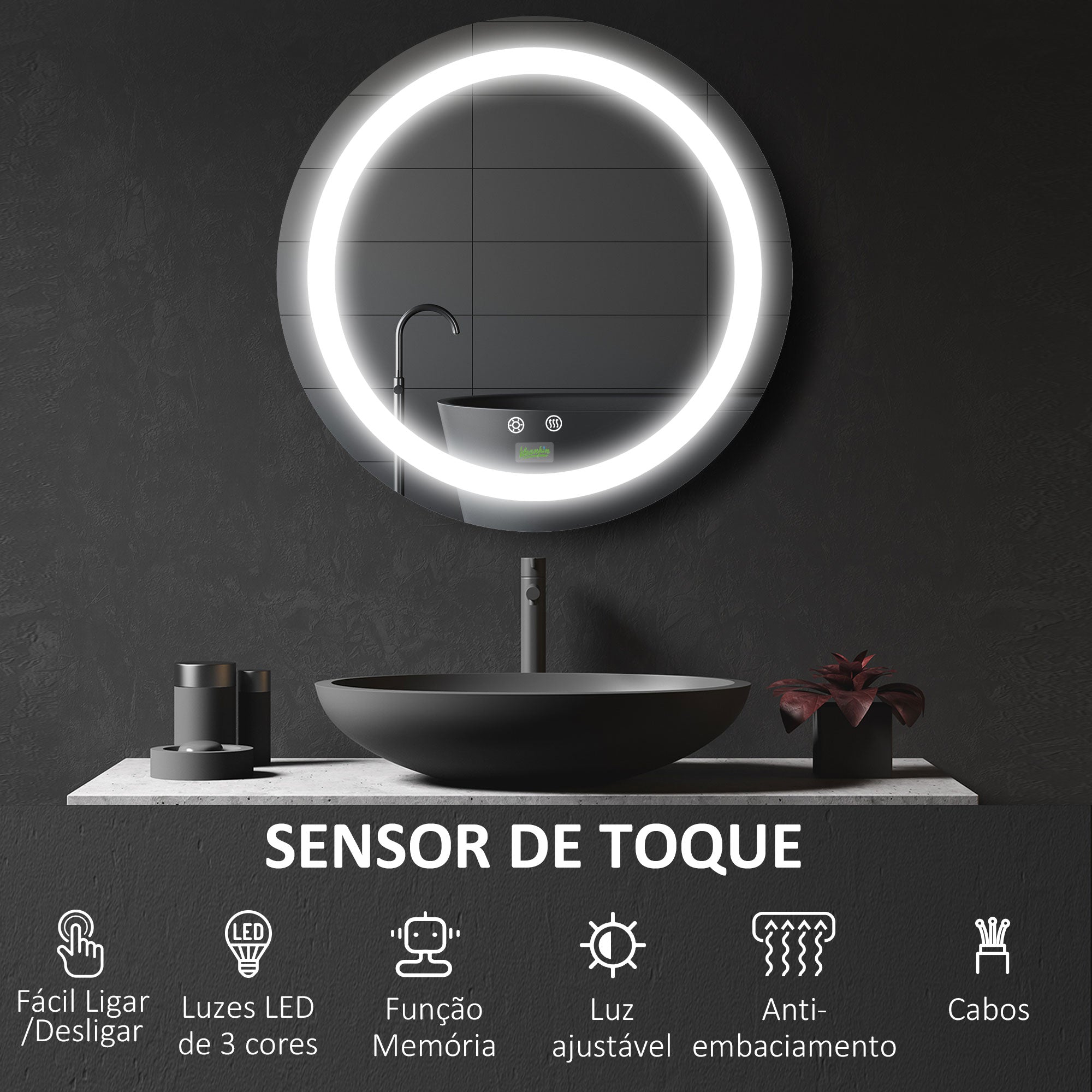 Espelho Redondo Prateado Ø50x4,6cm com Luz LED Ajustável