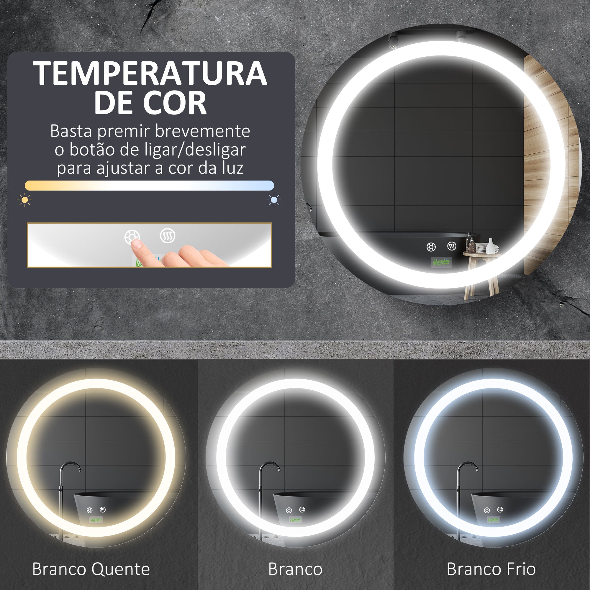 Espelho Redondo Prateado Ø50x4,6cm com Luz LED Ajustável