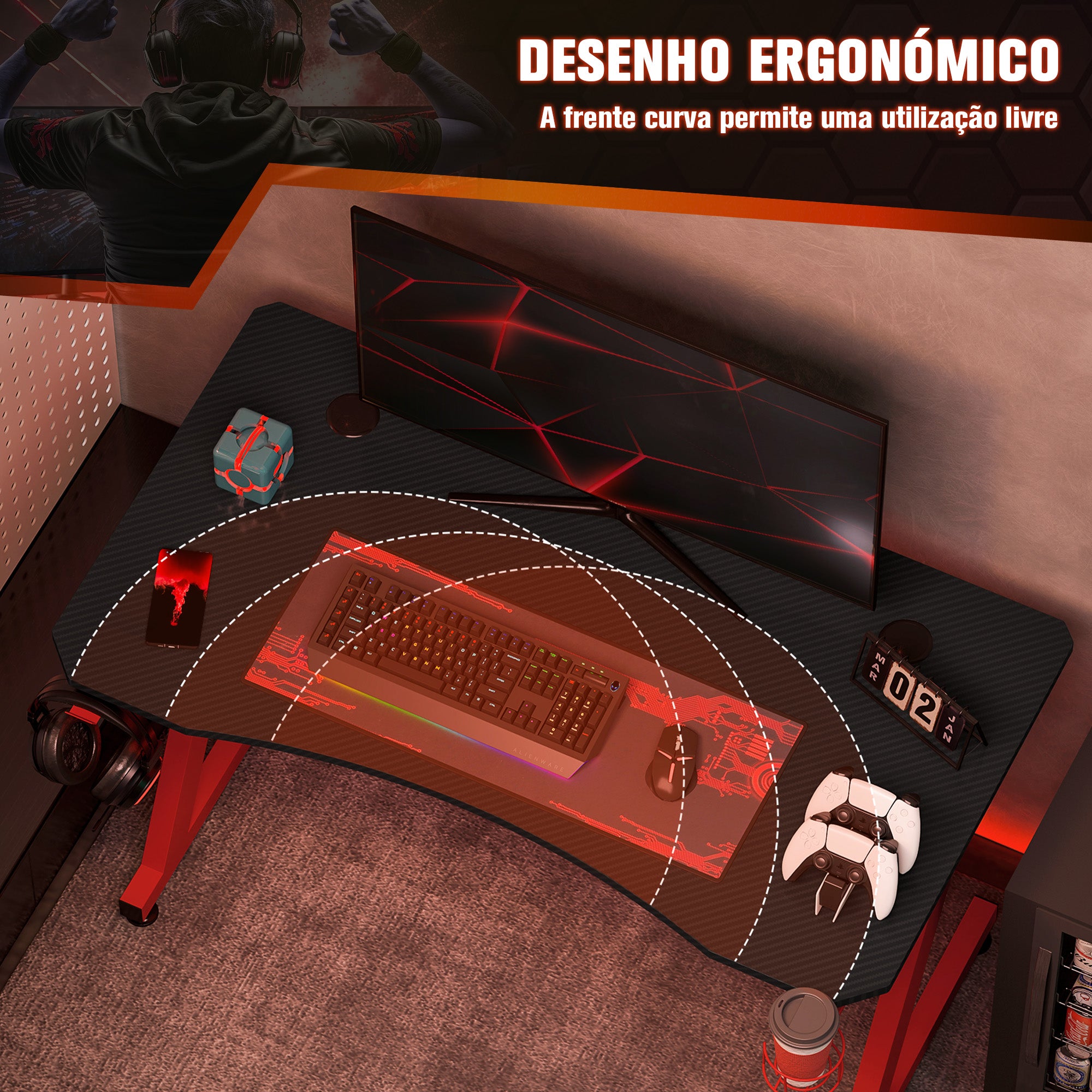Secretária Gaming 120x65x74.5 cm - Vermelho e Preto