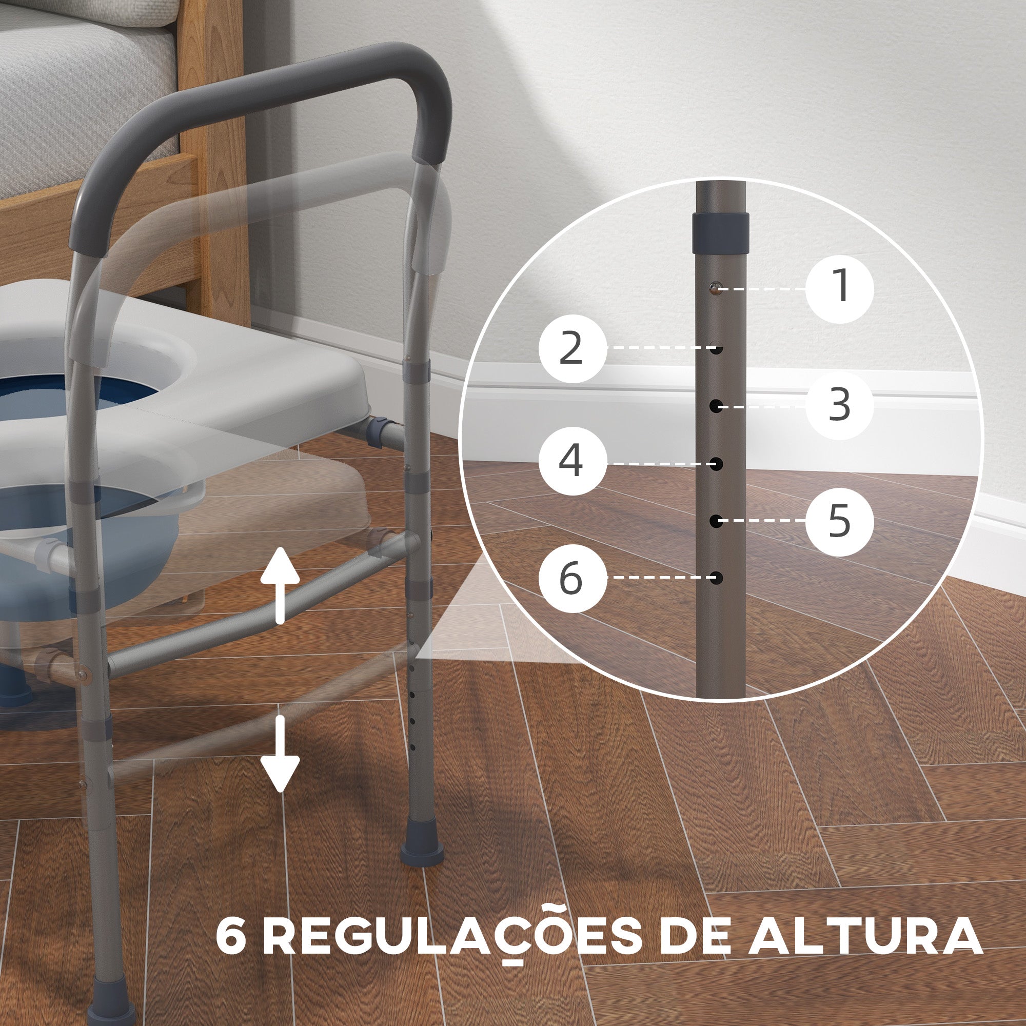 Banco de Duche Higiénico 4 em 1 – 64x53x70-82 cm – Cinza – Alumínio e Plástico
