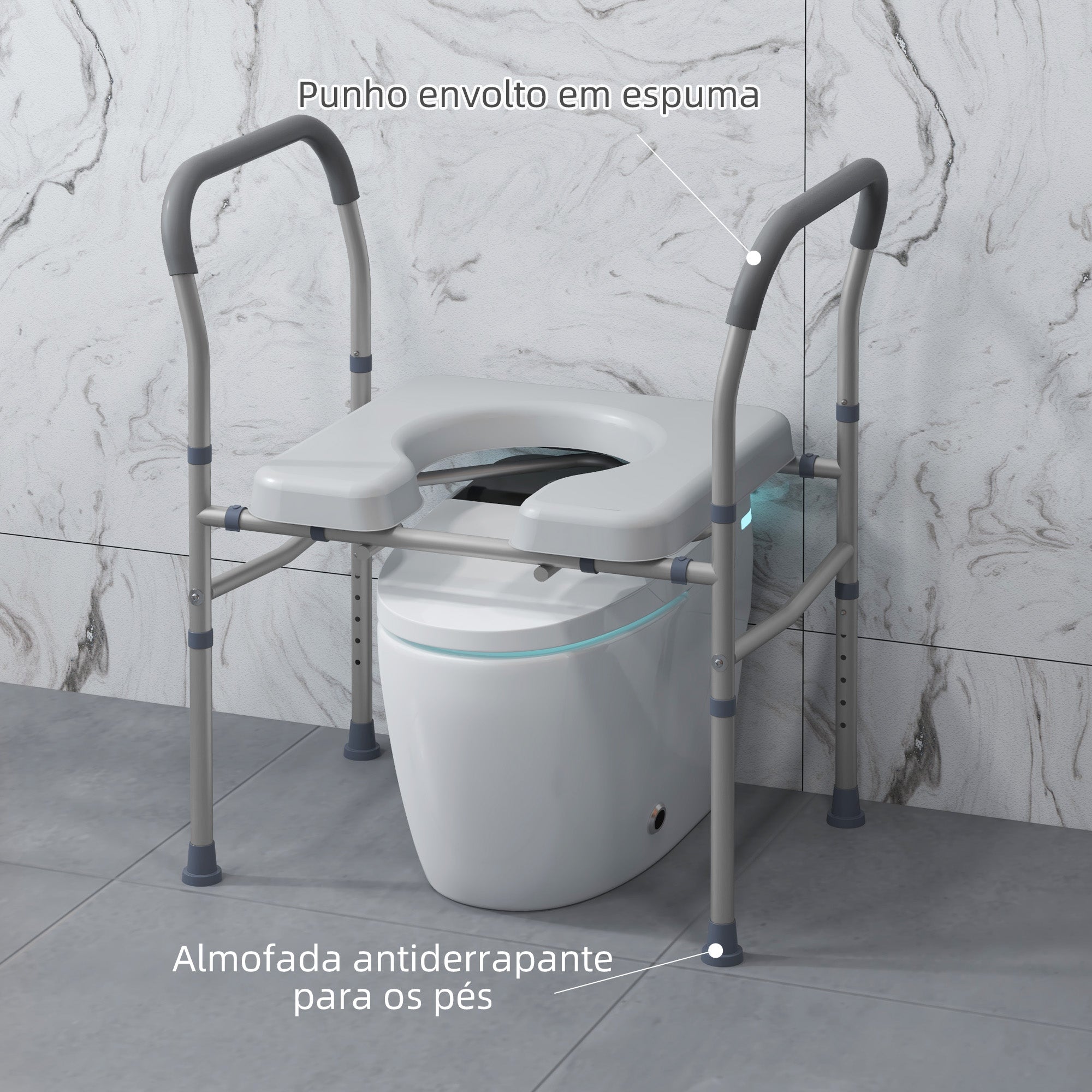 Banco de Duche Higiénico 4 em 1 – 64x53x70-82 cm – Cinza – Alumínio e Plástico