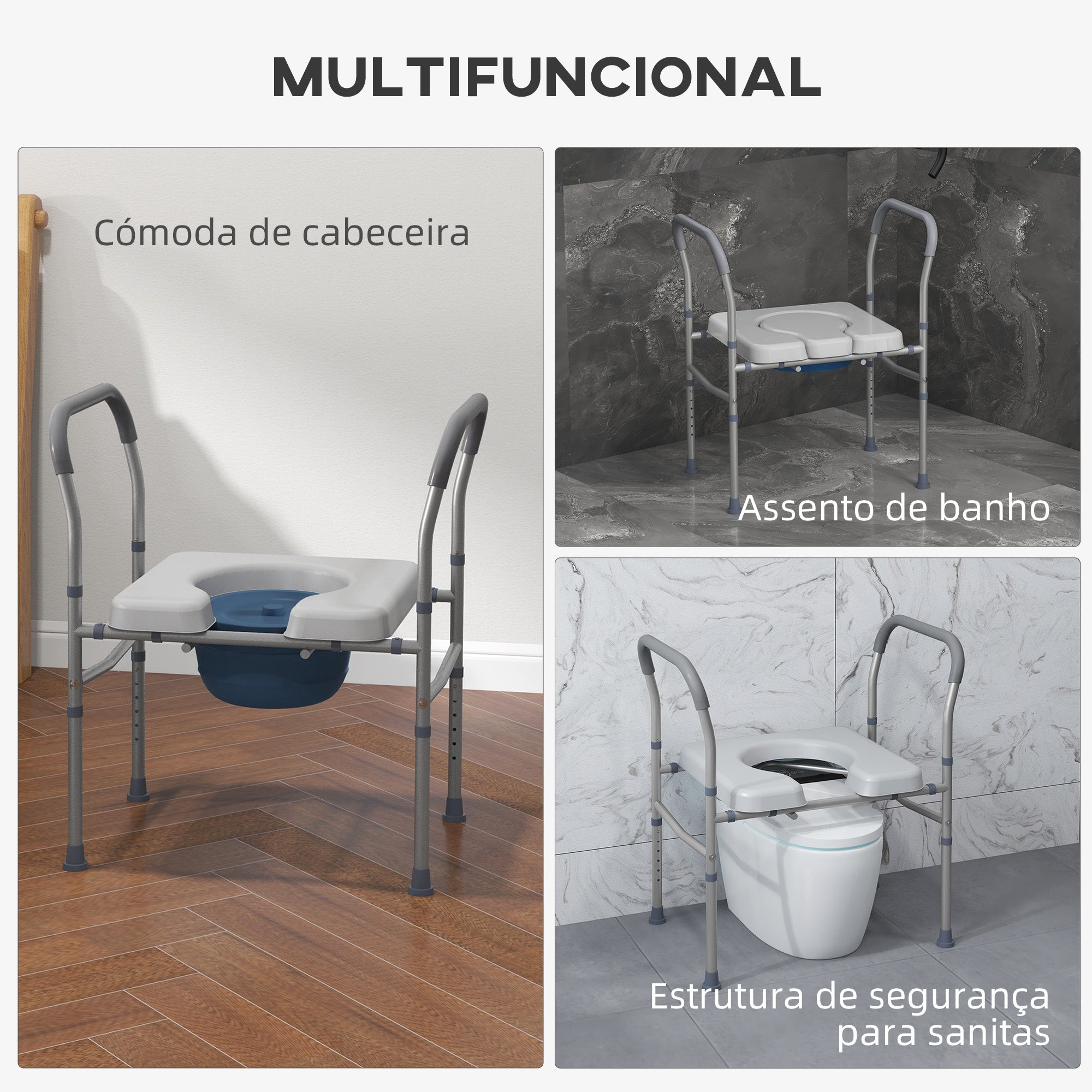 Banco de Duche Higiénico 4 em 1 – 64x53x70-82 cm – Cinza – Alumínio e Plástico