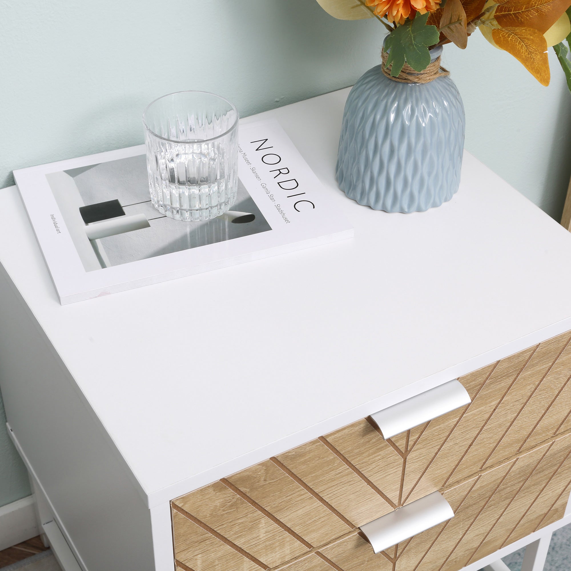 Mesa de Cabeceira 45x39x48cm Carvalho e Branco com 2 Gavetas