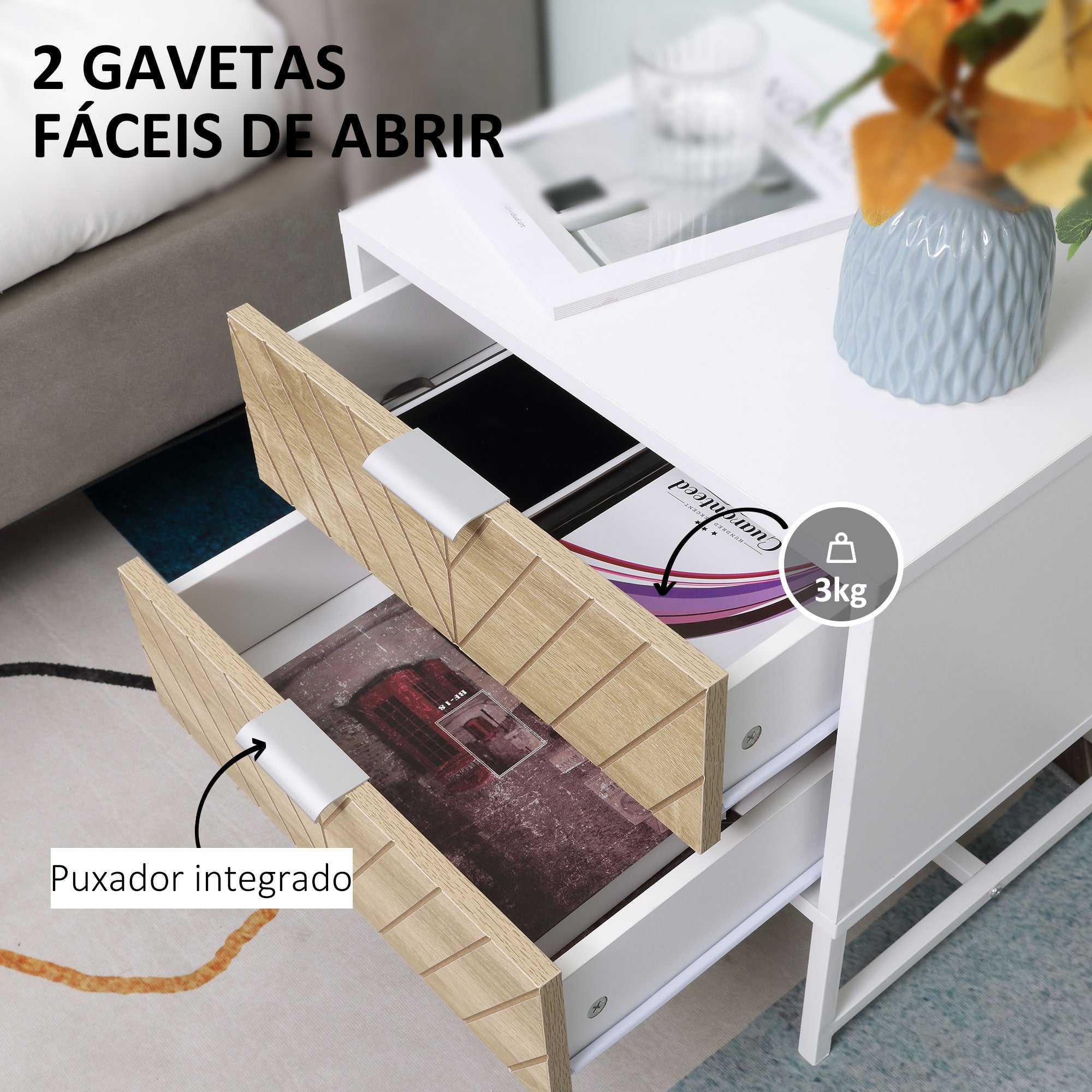 Mesa de Cabeceira 45x39x48cm Carvalho e Branco com 2 Gavetas