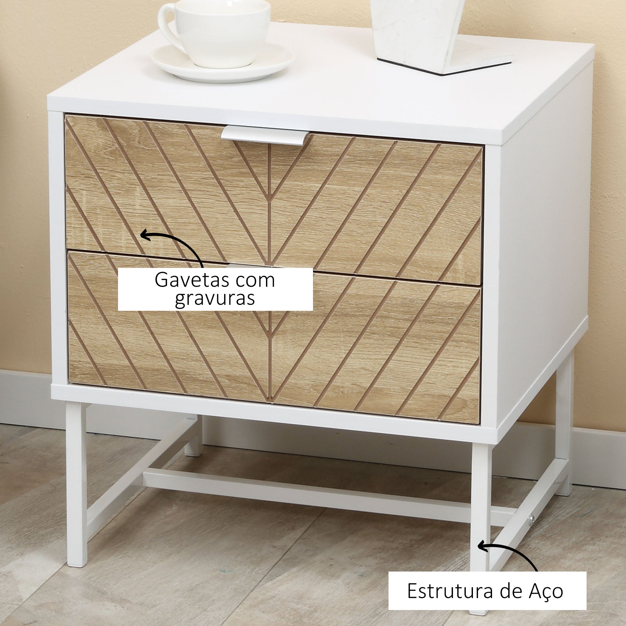 Mesa de Cabeceira 45x39x48cm Carvalho e Branco com 2 Gavetas