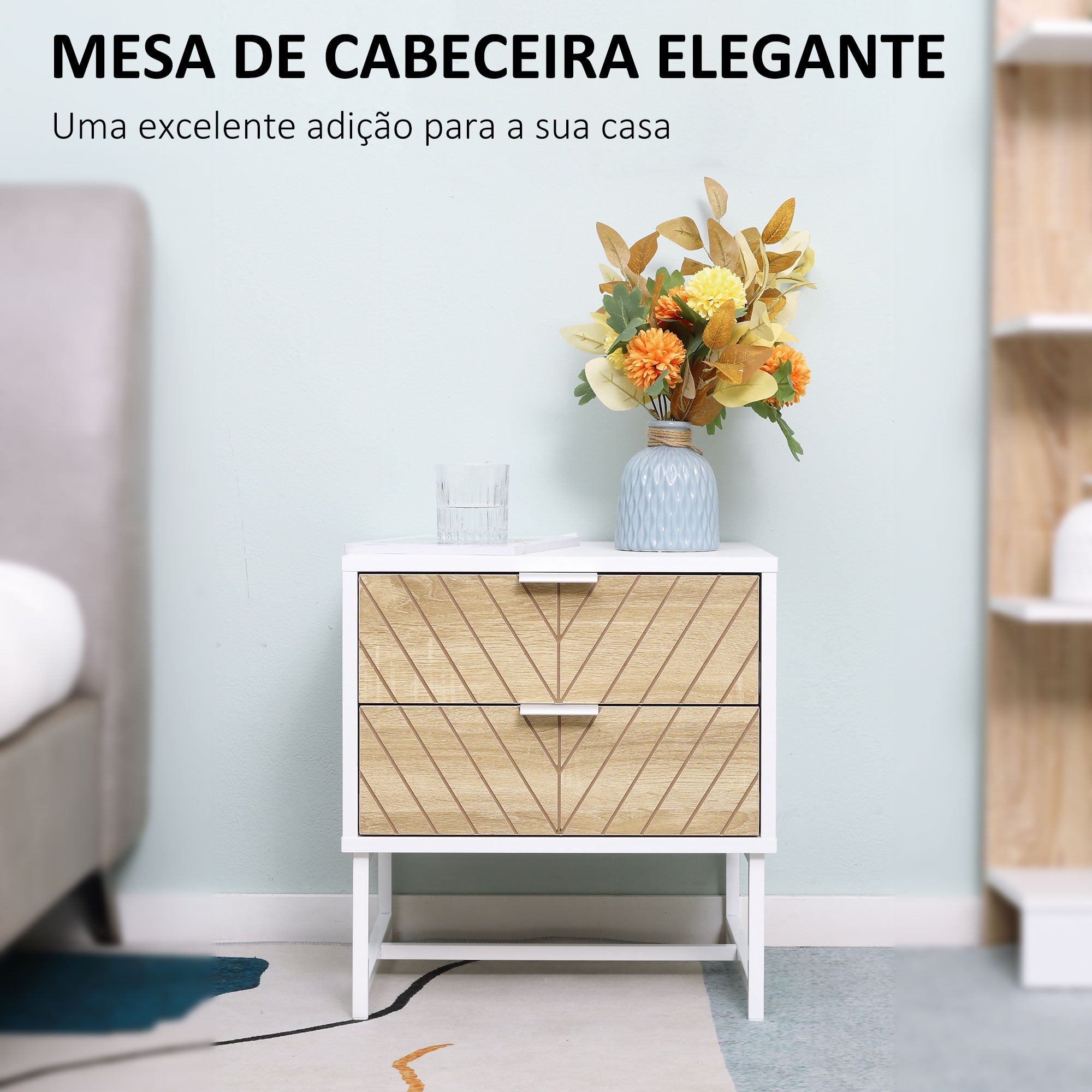 Mesa de Cabeceira 45x39x48cm Carvalho e Branco com 2 Gavetas