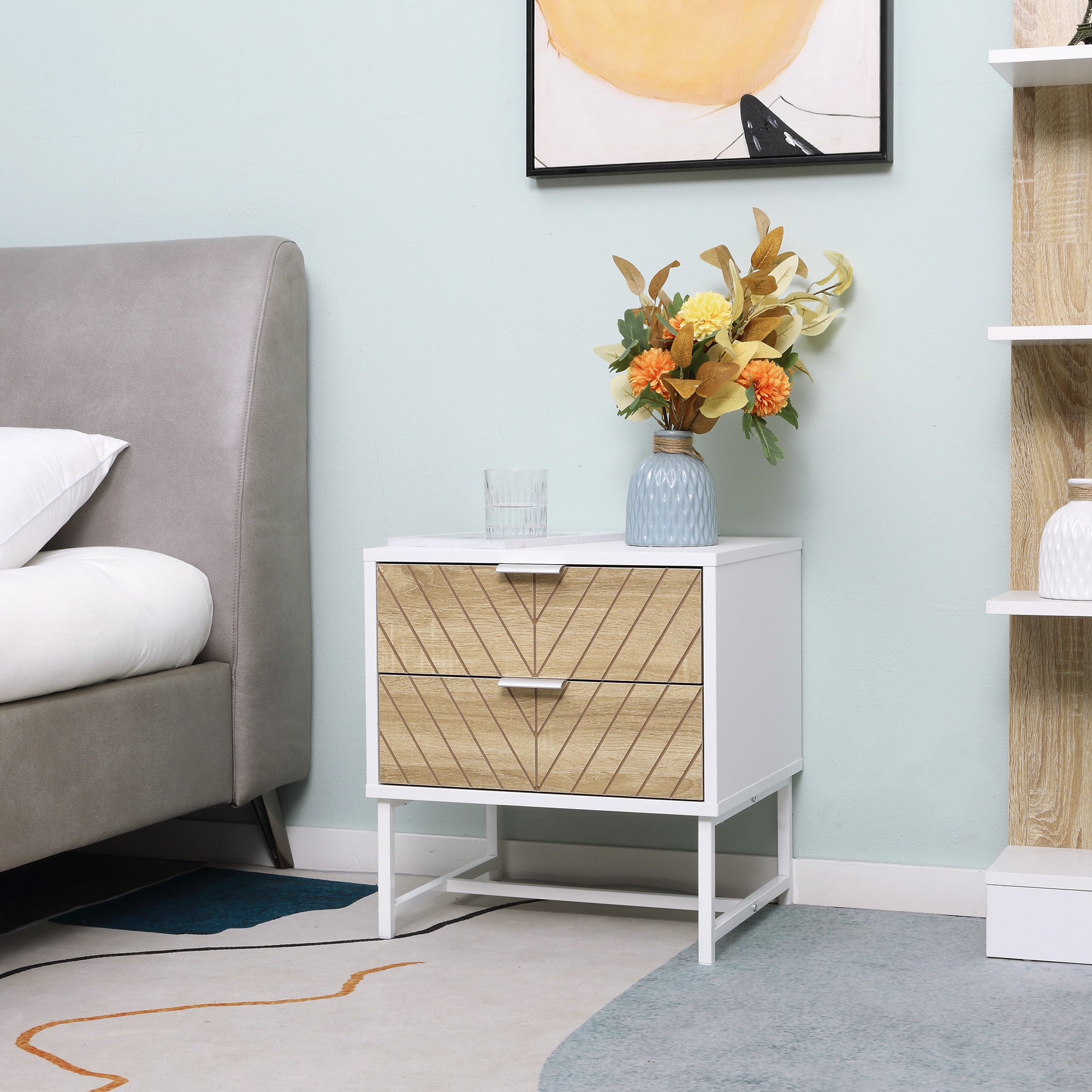 Mesa de Cabeceira 45x39x48cm Carvalho e Branco com 2 Gavetas