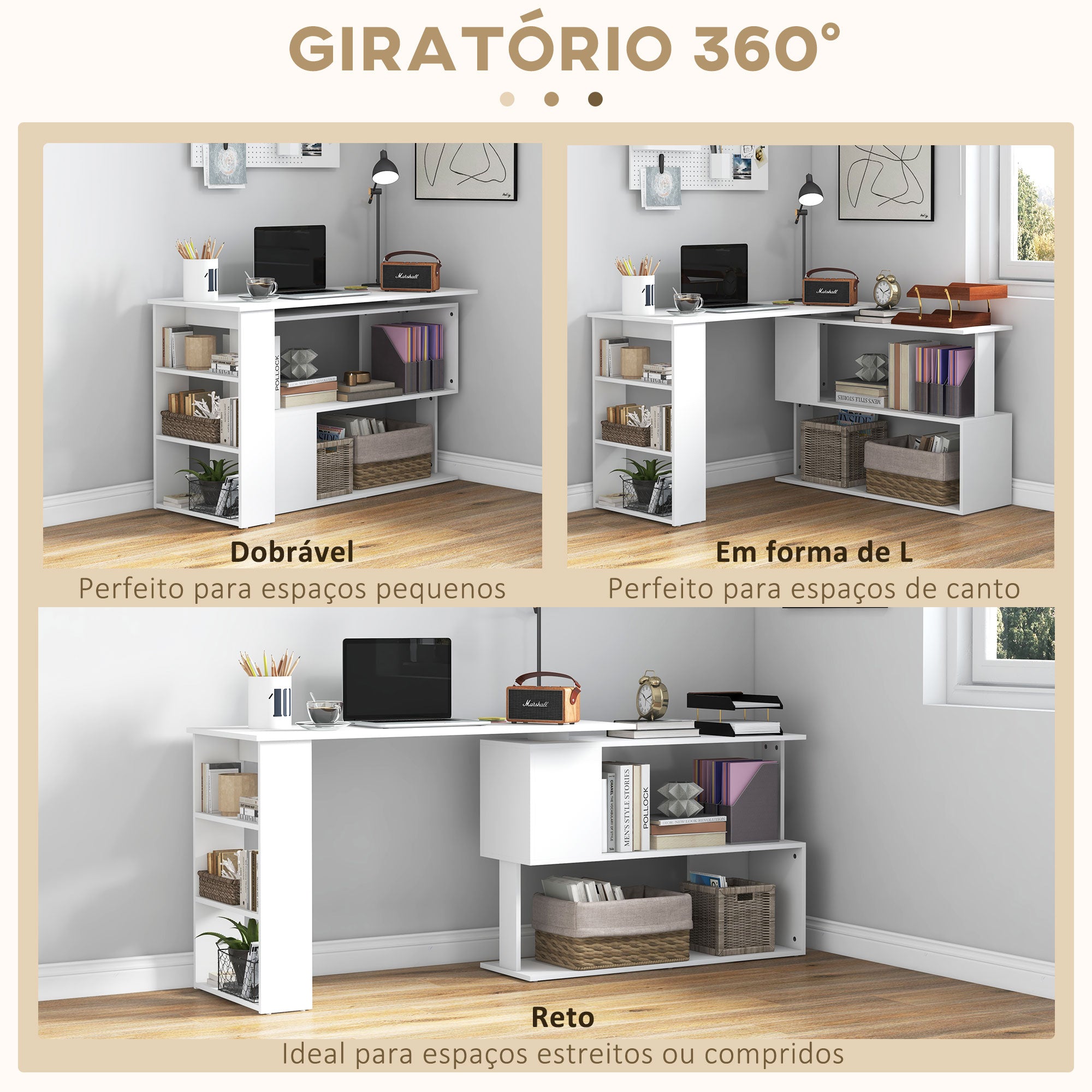 Secretária de Canto Rotativa 360° Branca 120x110x74 cm