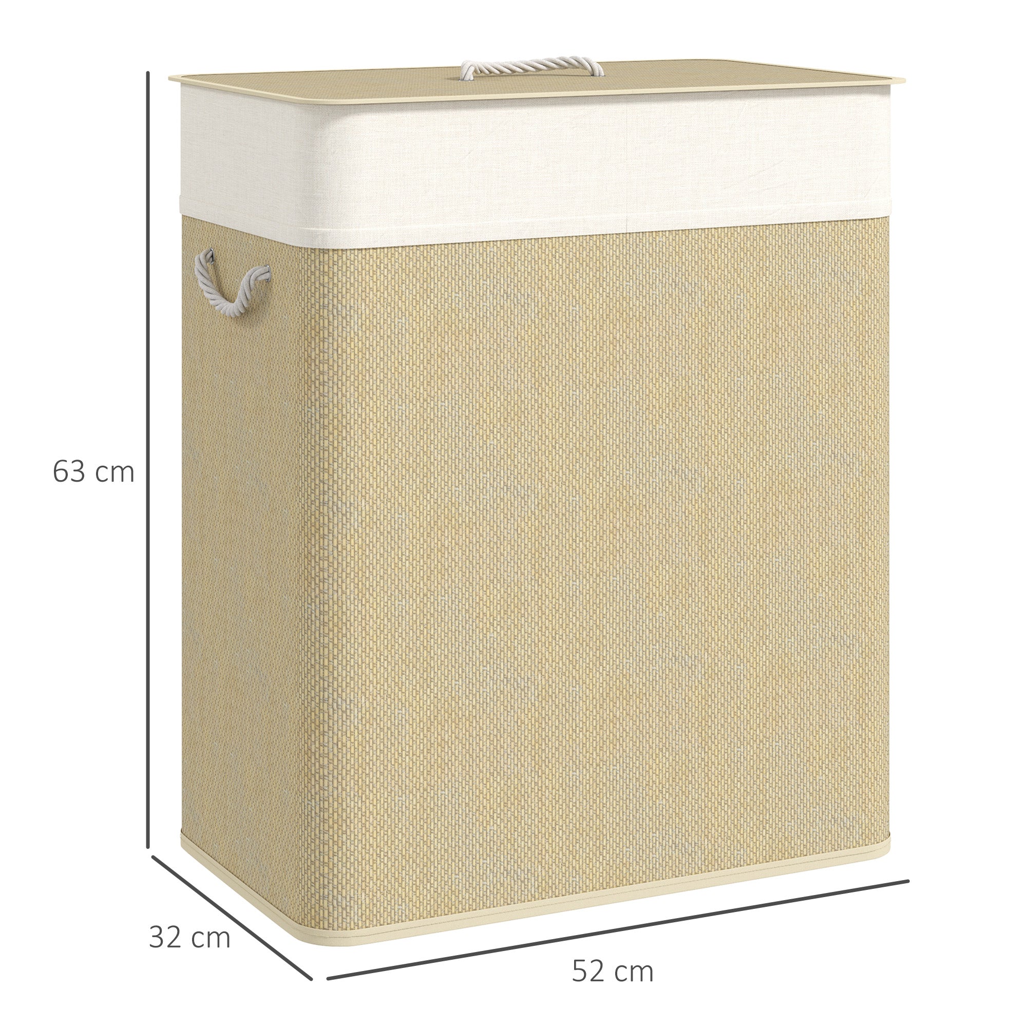 Cesto de Roupa com Tampa 100L em Bambu 52x32x63 cm Bege e Creme