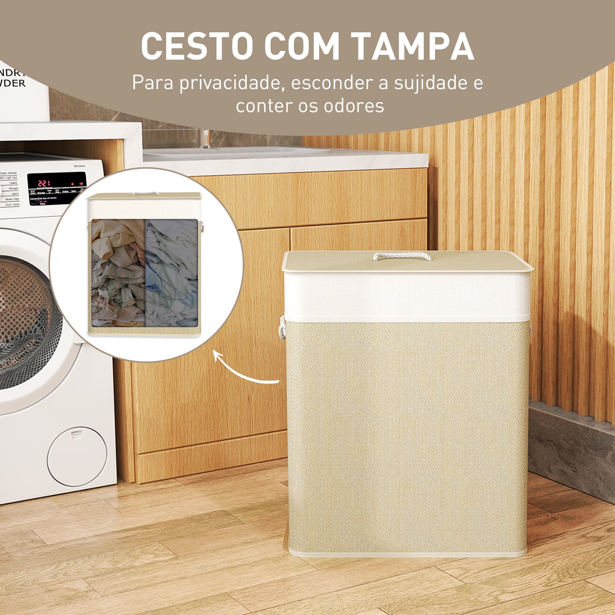 Cesto de Roupa com Tampa 100L em Bambu 52x32x63 cm Bege e Creme