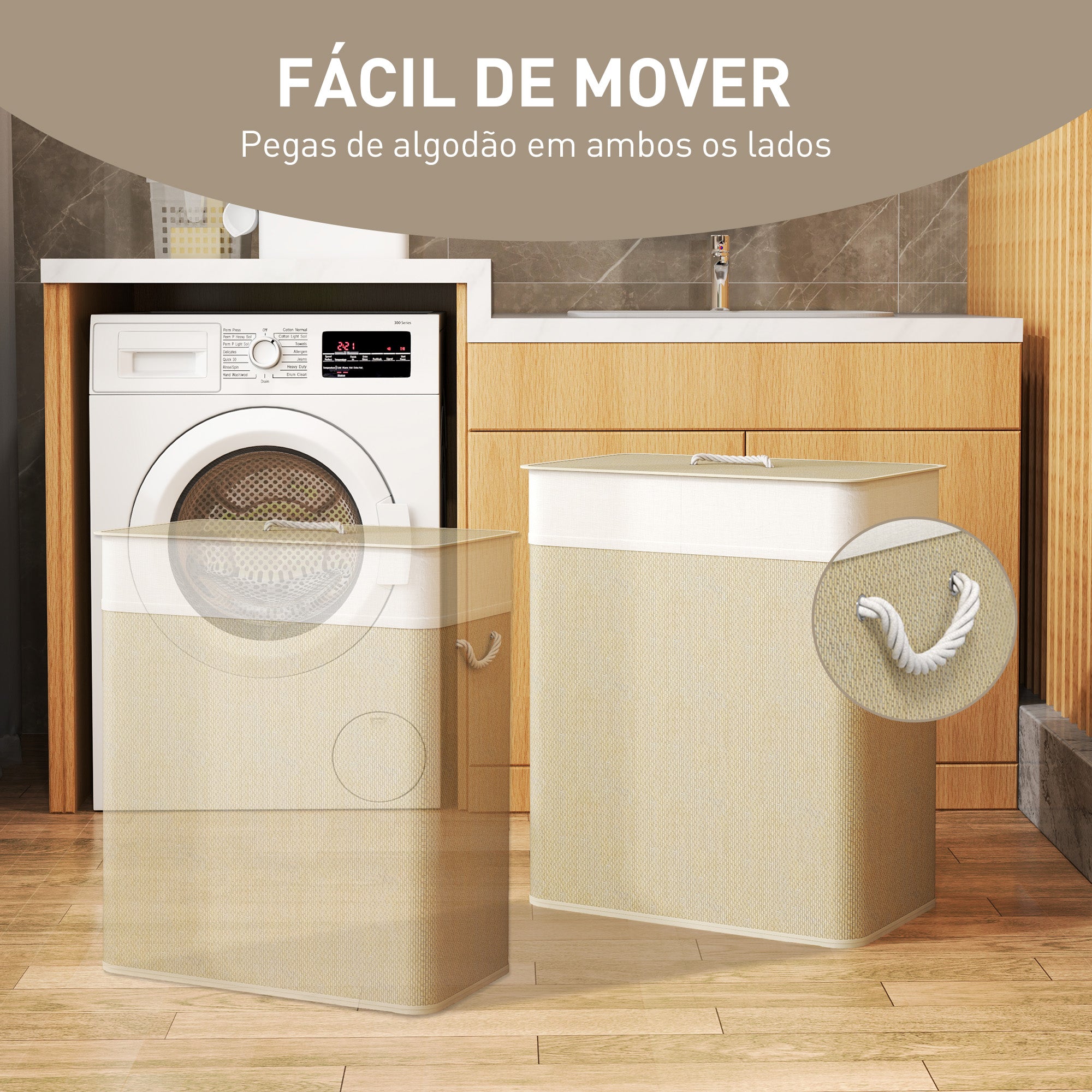 Cesto de Roupa com Tampa 100L em Bambu 52x32x63 cm Bege e Creme