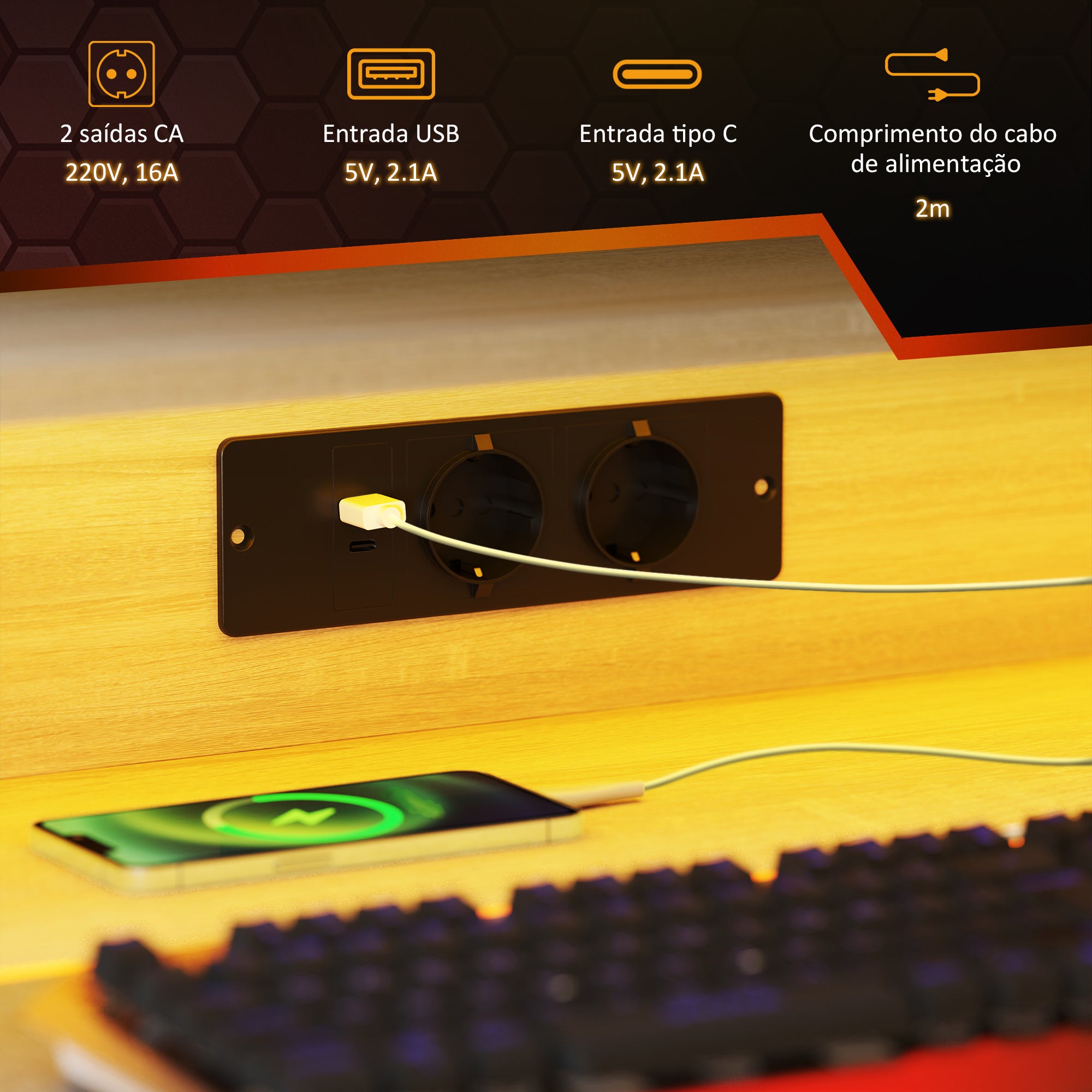 Secretária Gaming com Luzes LED 100x60x88,5 cm - Madeira e Branco