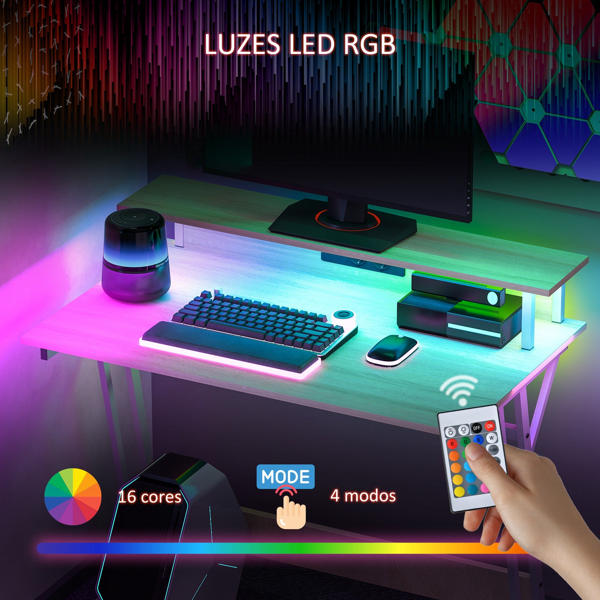 Secretária Gaming com Luzes LED 100x60x88,5 cm - Madeira e Branco