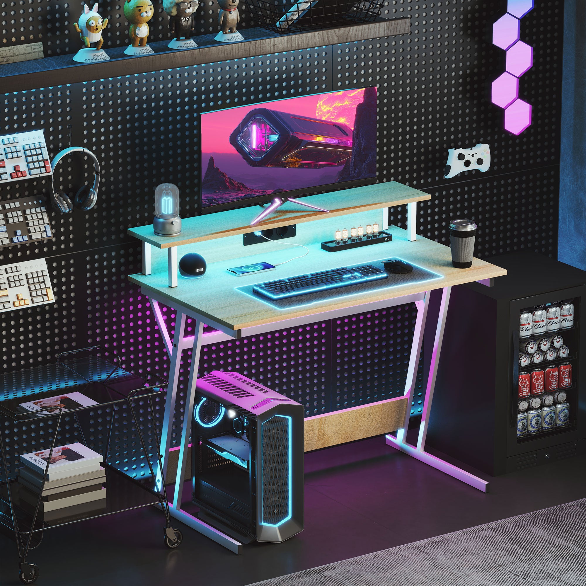 Secretária Gaming com Luzes LED 100x60x88,5 cm - Madeira e Branco