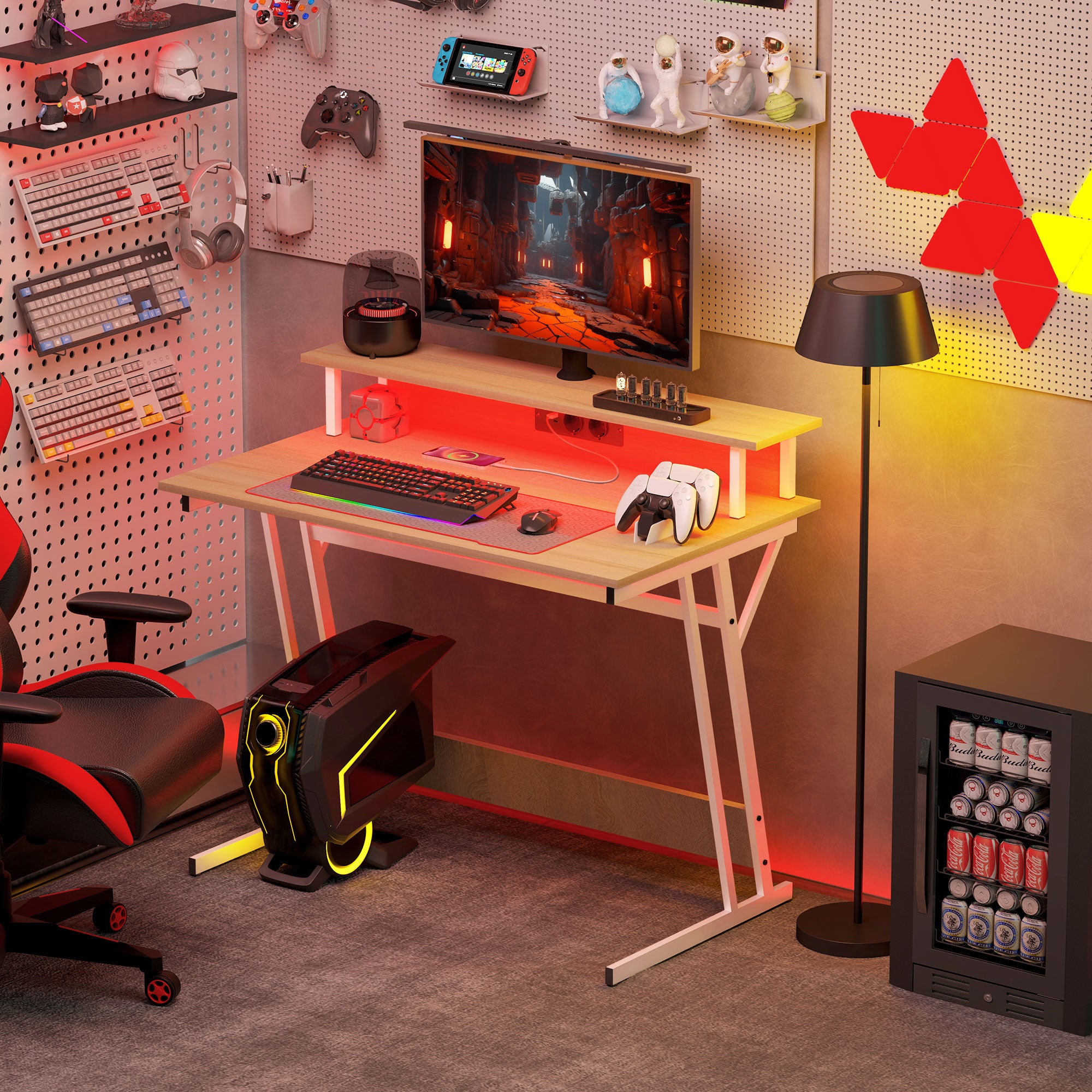 Secretária Gaming com Luzes LED 100x60x88,5 cm - Madeira e Branco