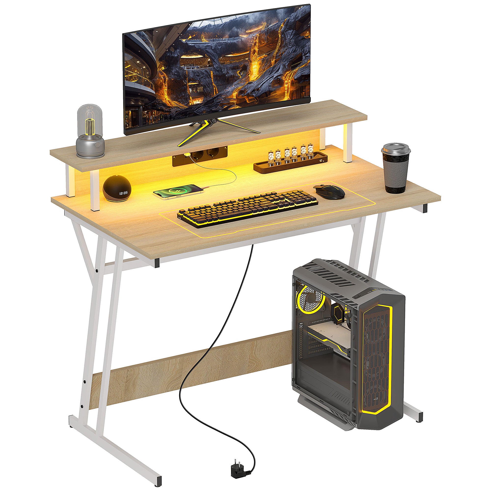 Secretária Gaming com Luzes LED 100x60x88,5 cm - Madeira e Branco