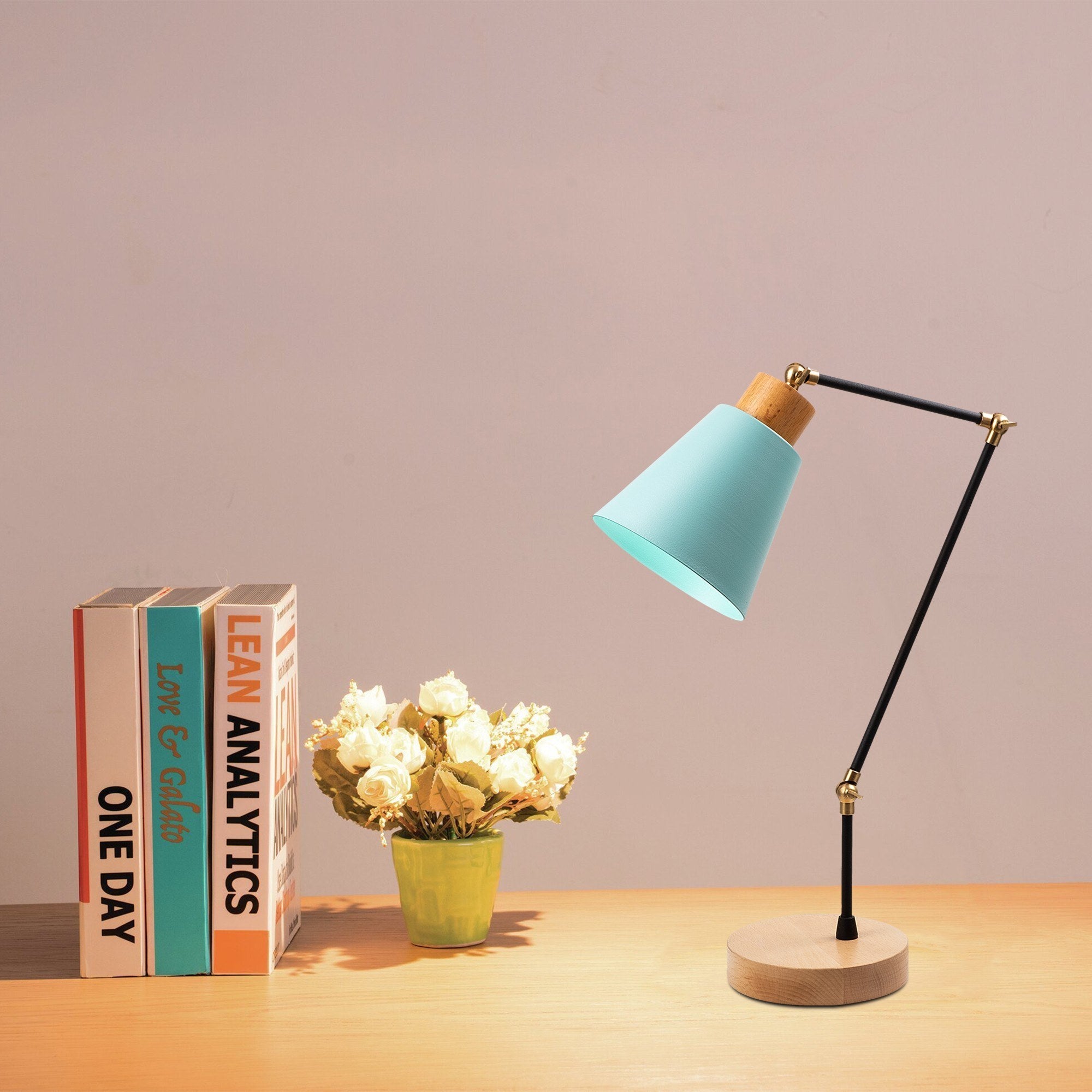Candeeiro de Mesa Turquesa com Corpo de Metal e Base de Madeira, 52 cm de Altura, 14 cm de Diâmetro | Soquete E27, 40 W Máx. | Iluminação Elegante para Decoração Moderna