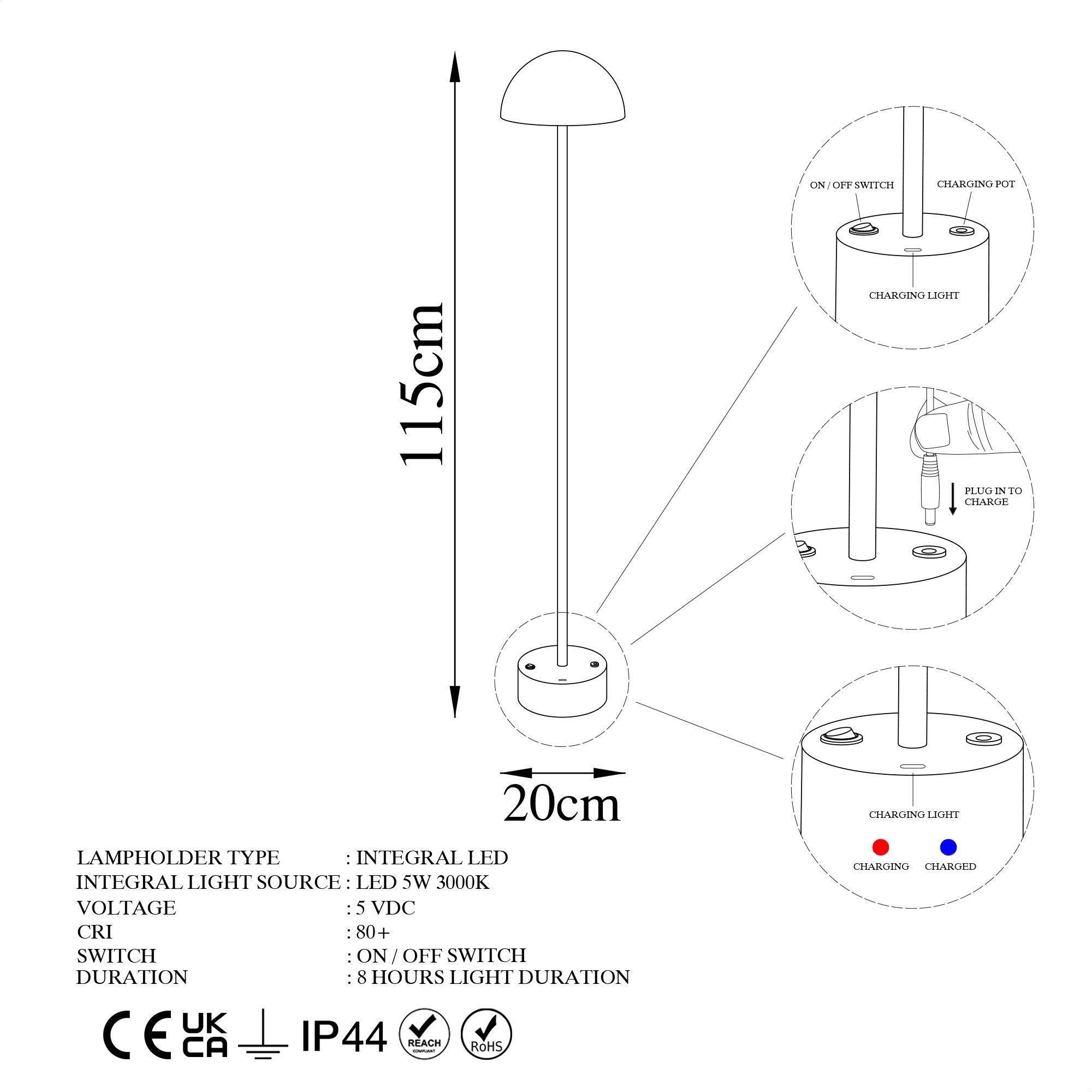 Candeeiro de Pé Preta Elegante, Corpo de Metal, 115 cm de Altura, 20 cm de Diâmetro, 80 CRI, LED de 5 W, Bateria com Duração de 8 Horas | Perfeita para Espaços Modernos