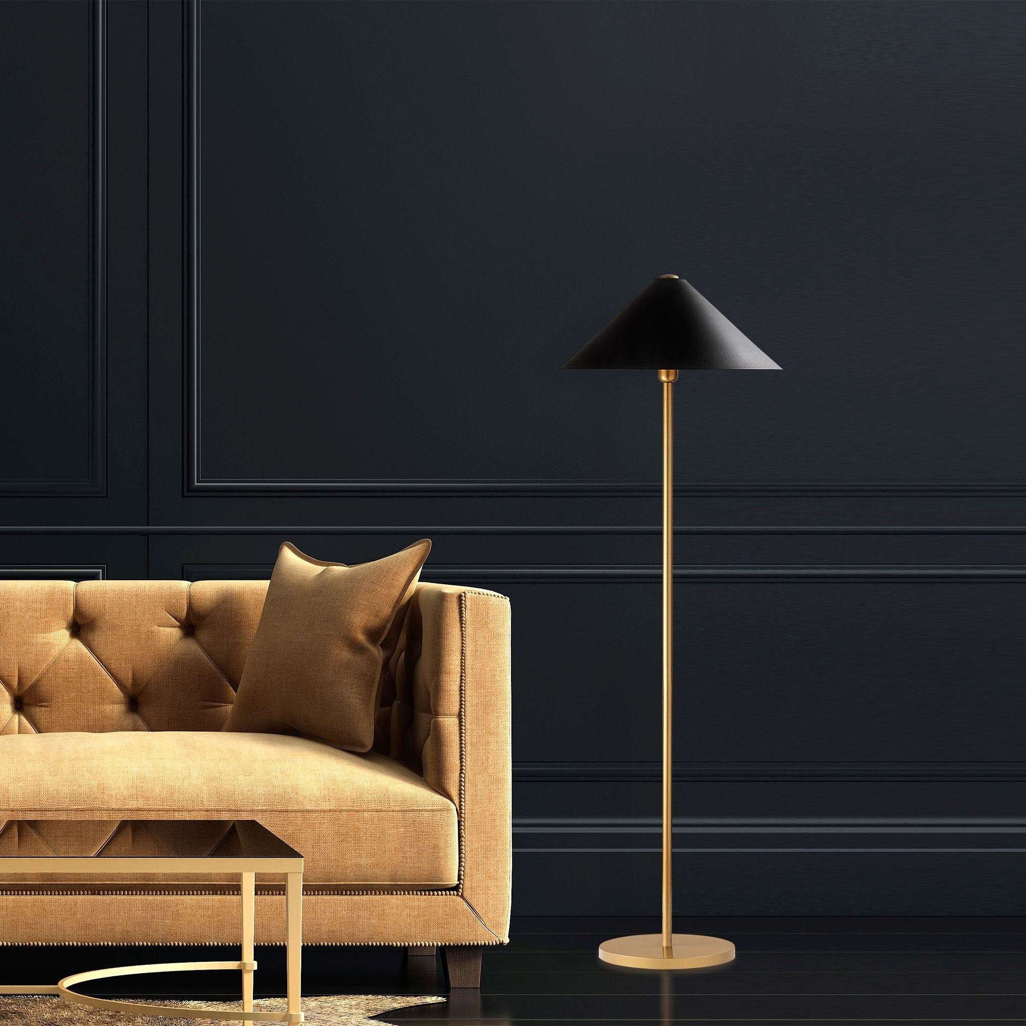 Candeeiro de Pé Elegante Dourada, Corpo de Metal, 46 x 46 x 150 cm | Base com 40 cm de Diâmetro, Soquete E27, Cabo de 200 cm | Iluminação Elegante para Decoração Moderna