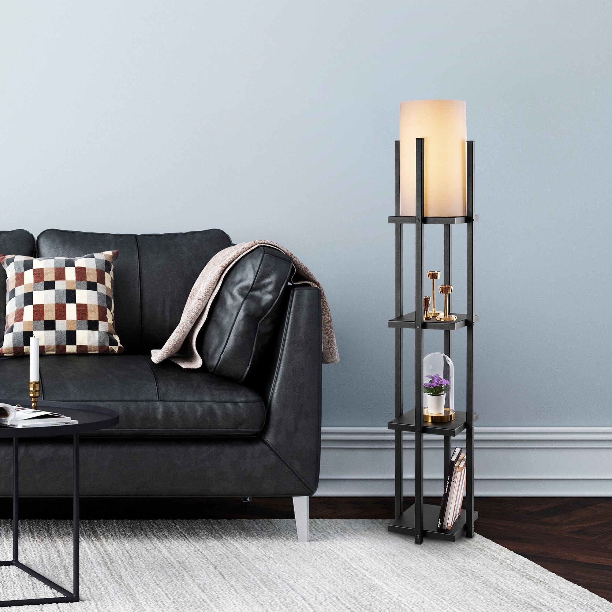 Candeeiro de Pé preta elegante, 130 cm de altura, corpo de metal, cúpula de 20 cm, soquete E27, 40 W máx., isolamento duplo, cabo de 400 cm, perfeita para decoração moderna