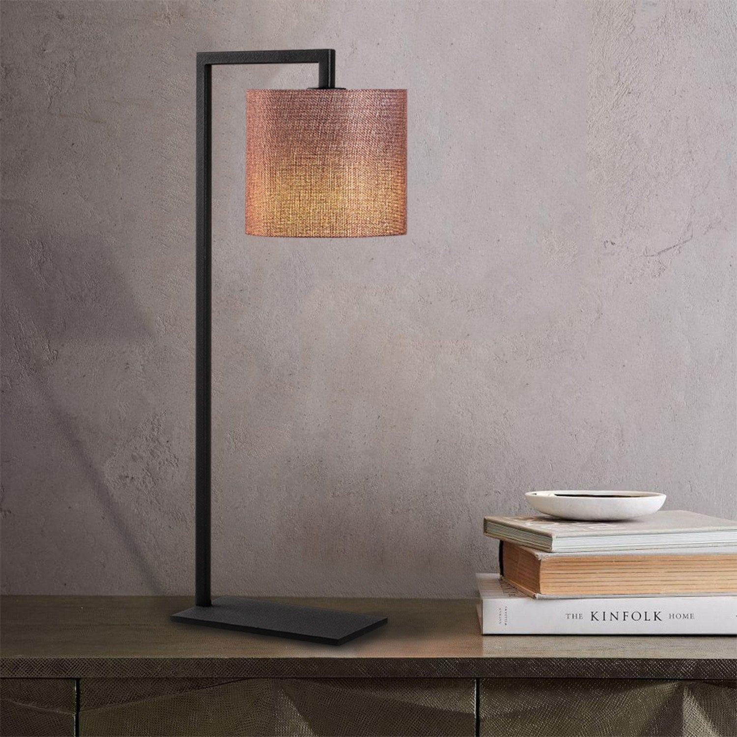 Candeeiro de Mesa estilosa com corpo de metal e tampa de tecido, 27 x 20 cm, altura 65 cm | Soquete E27, 40 W máx., cabo de 200 cm | Marrom e preto, design moderno