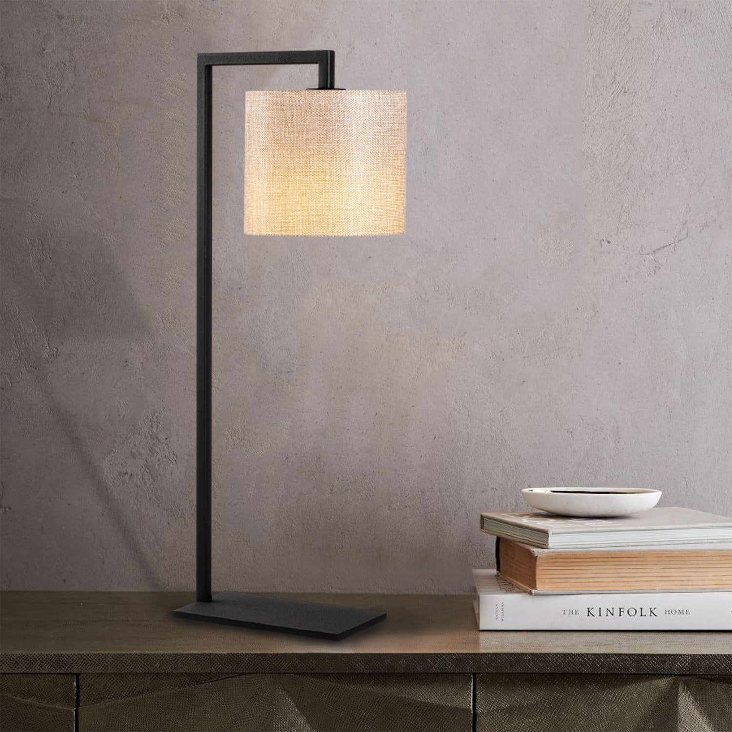 Candeeiro de Mesa Elegante com Corpo de Metal e Tampa de Tecido, 27 x 20 cm, Altura 65 cm | Interruptor Liga/Desliga, Cabo de 200 cm, Soquete E27, Creme e Preto | Iluminação Elegante para Qualquer Ambiente