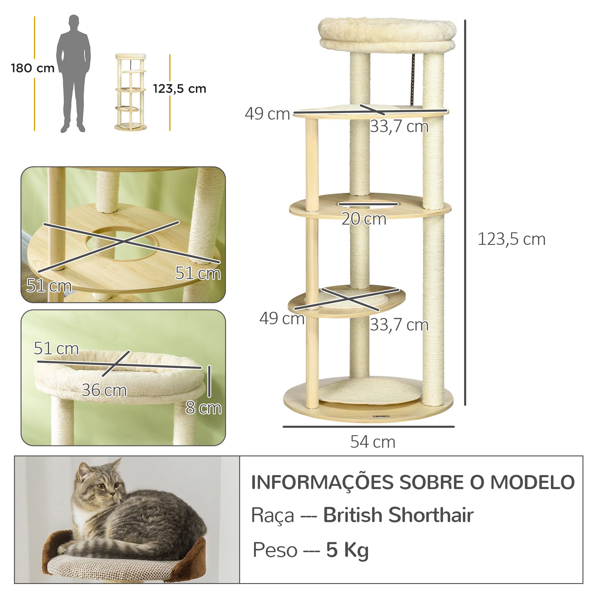 Torre de Arranhar para Gatos Ø54x123,5 cm Cor de Carvalho
