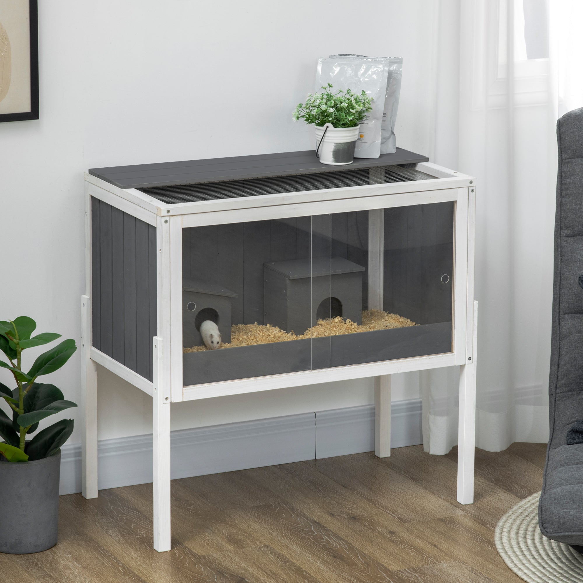Gaiola para Hamster de Madeira 82x45x81cm Cinza e Branco