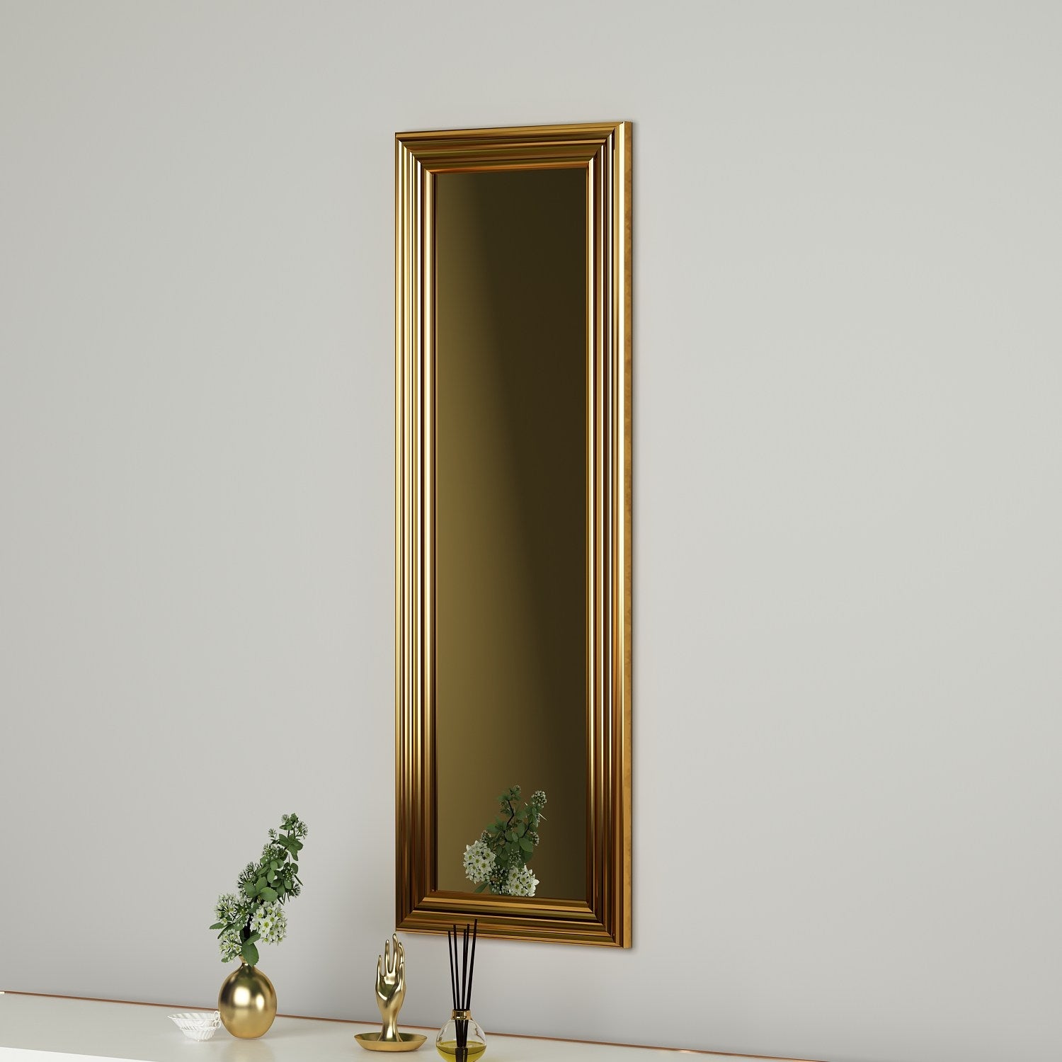 Espelho de cômoda elegante com moldura laminada dourada brilhante, 30 x 90 cm | 100% MDF, espelho ecológico Flotal-E | Montável na parede, decoração elegante para casa