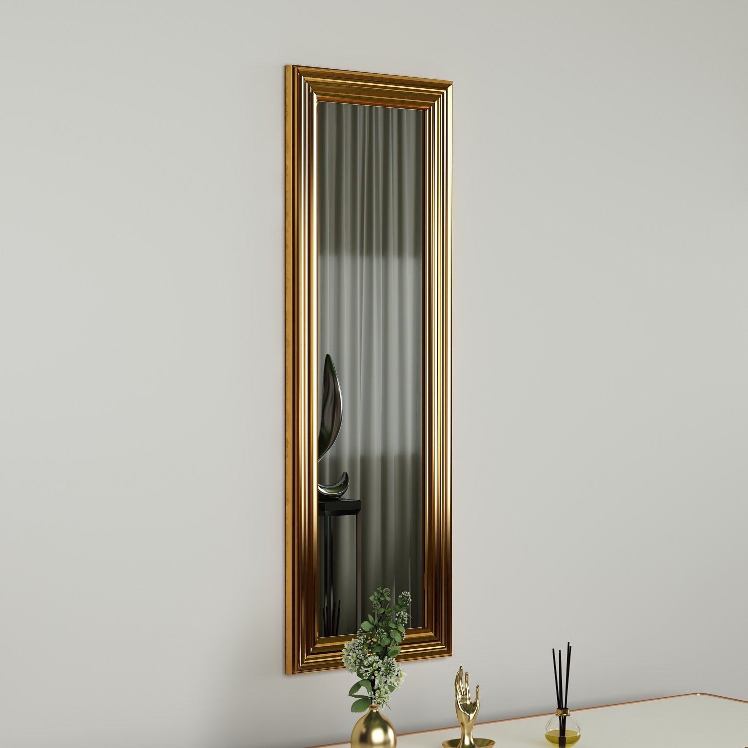 Espelho de cômoda elegante com moldura laminada dourada brilhante, 30 x 90 cm | 100% MDF, espelho ecológico Flotal-E | Montável na parede, decoração elegante para casa
