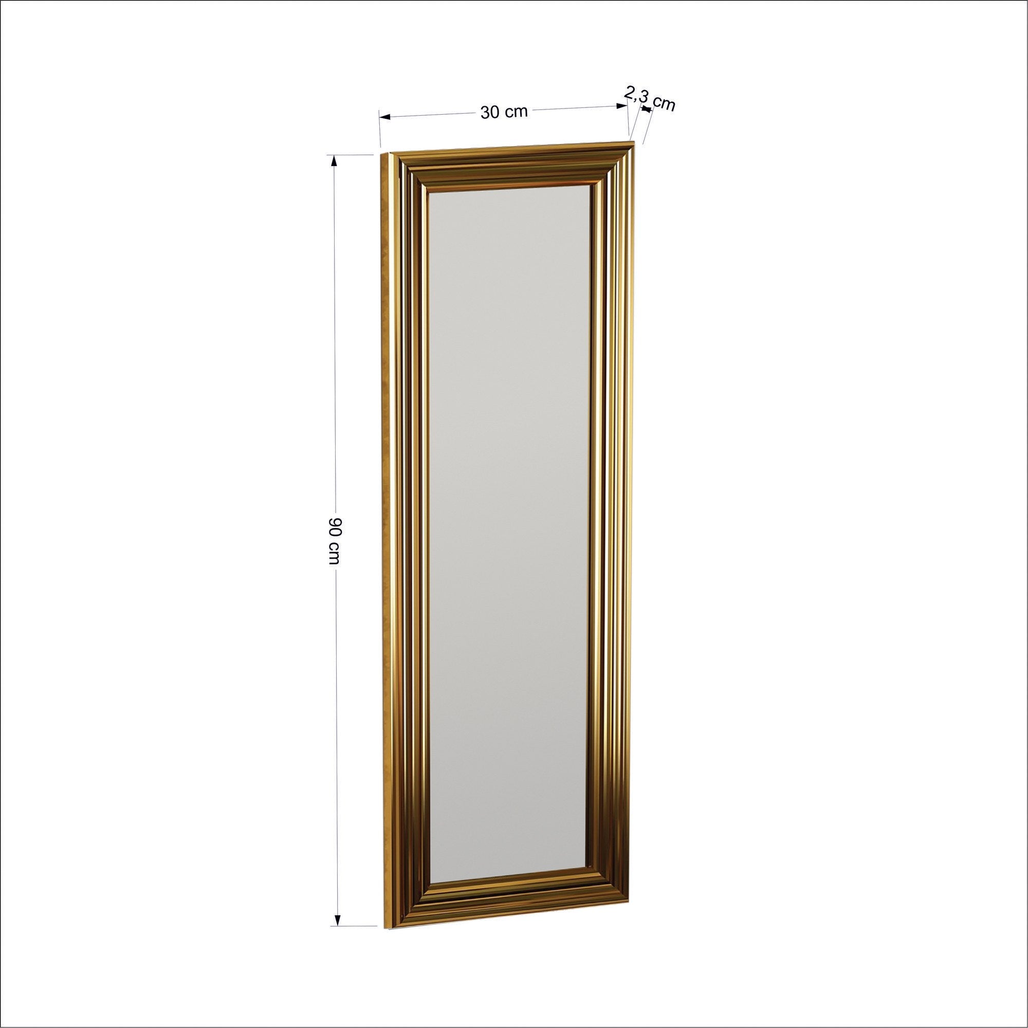 Espelho de cômoda elegante com moldura laminada dourada brilhante, 30 x 90 cm | 100% MDF, espelho ecológico Flotal-E | Montável na parede, decoração elegante para casa