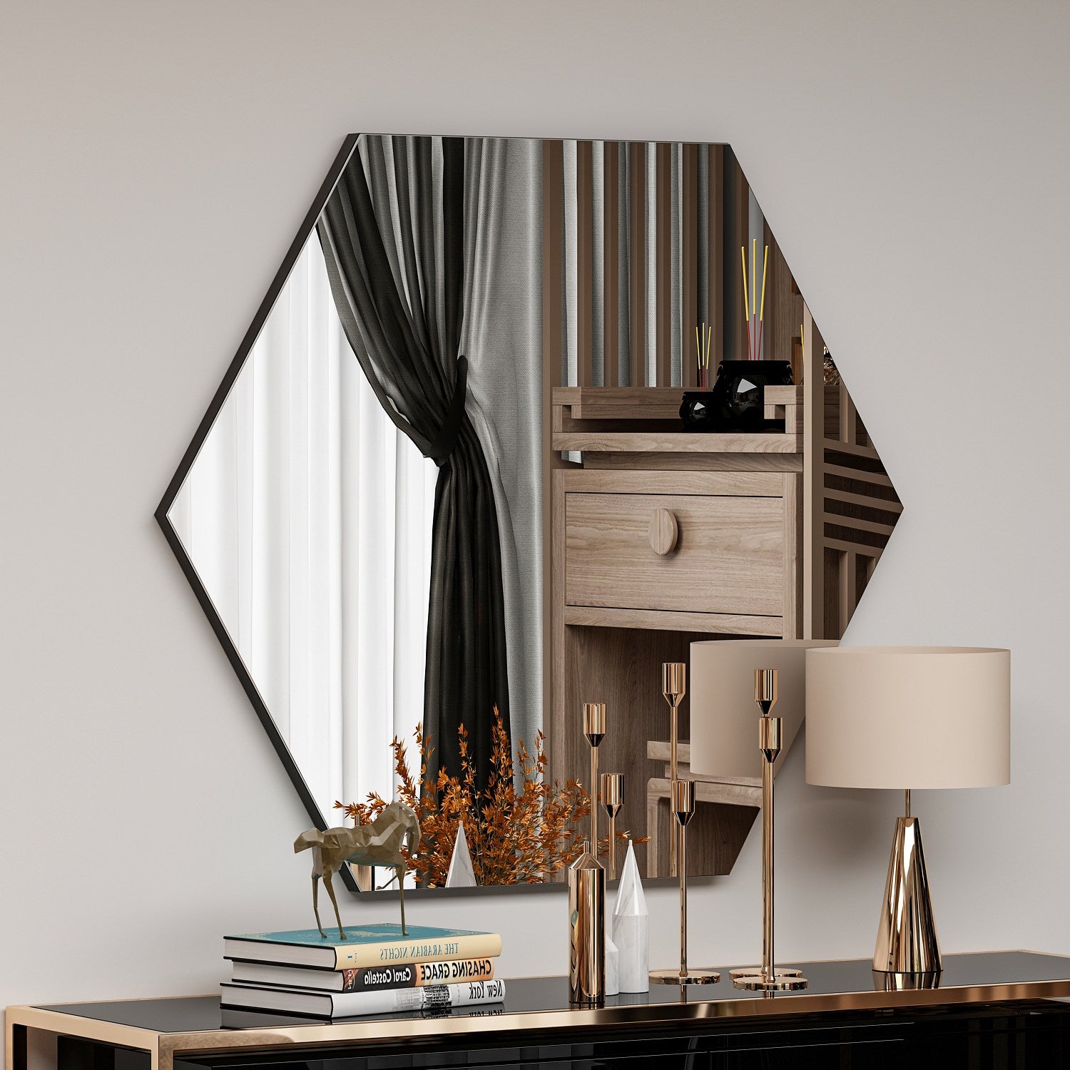 Espelho de parede hexagonal elegante, preto, 70 x 60 x 2,2 cm | 100% MDF, Flotal-E ecológico | Perfeito para decoração moderna e espaços residenciais