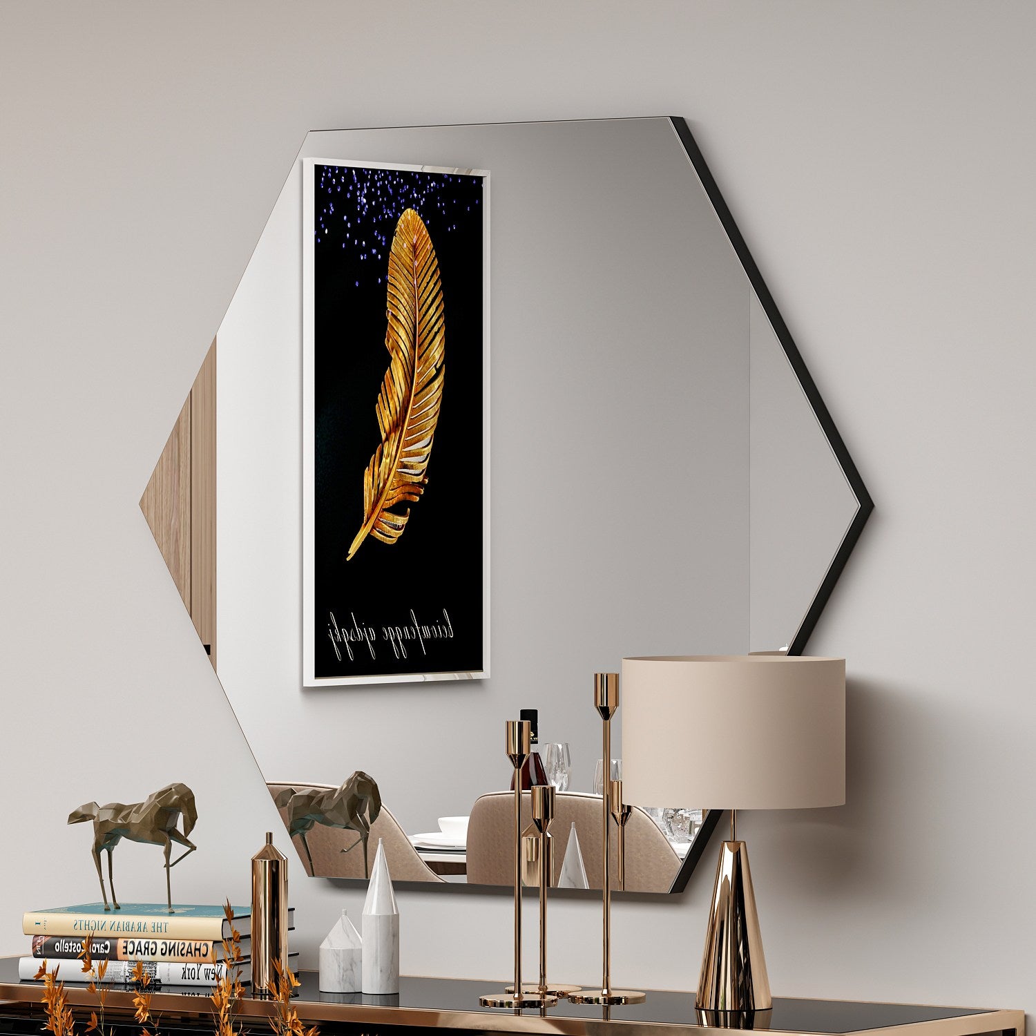 Espelho de parede hexagonal elegante, preto, 70 x 60 x 2,2 cm | 100% MDF, Flotal-E ecológico | Perfeito para decoração moderna e espaços residenciais