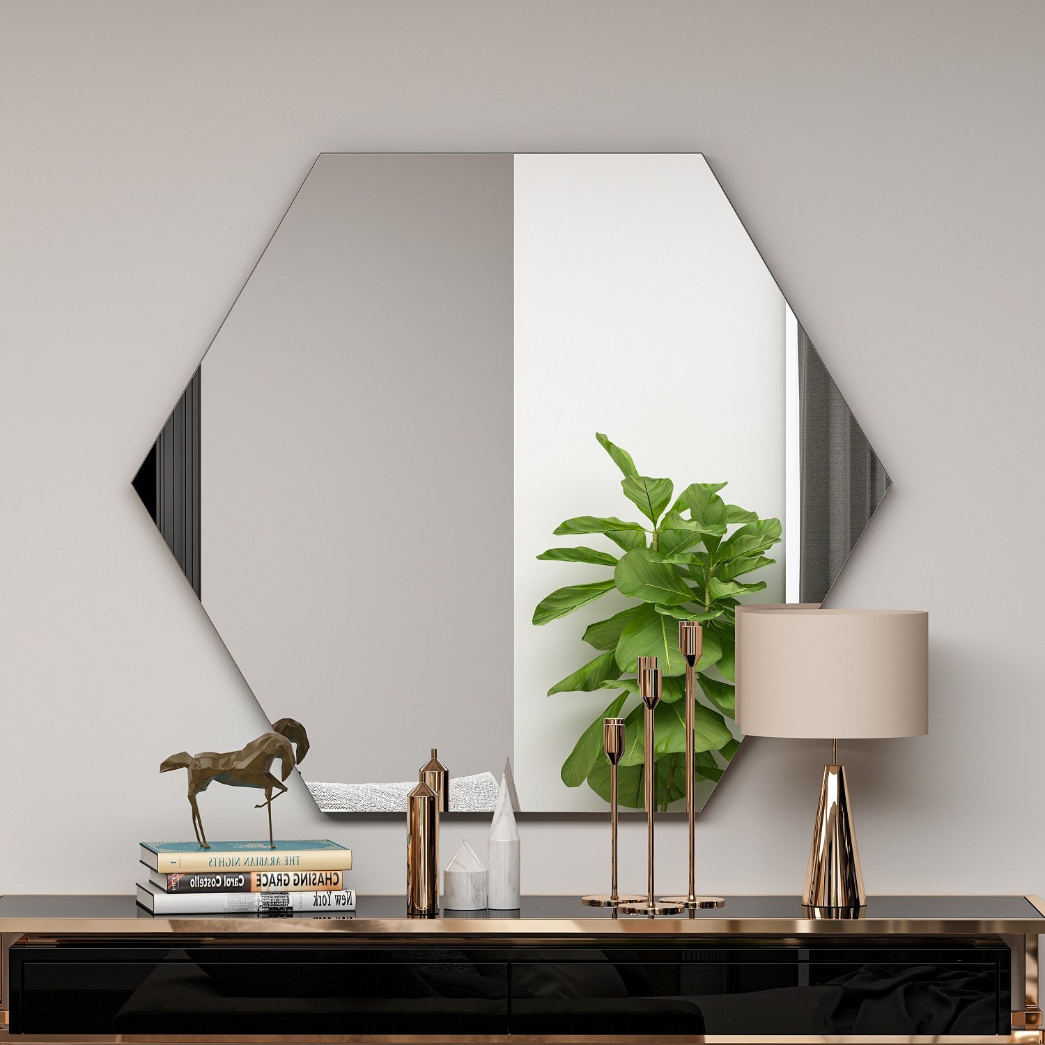 Espelho de parede hexagonal elegante, preto, 70 x 60 x 2,2 cm | 100% MDF, Flotal-E ecológico | Perfeito para decoração moderna e espaços residenciais