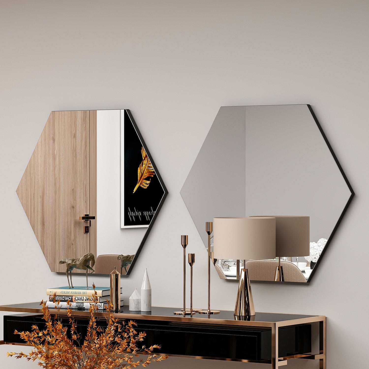 Espelho de parede hexagonal elegante, preto, 70 x 60 x 2,2 cm | 100% MDF, Flotal-E ecológico | Perfeito para decoração moderna e espaços residenciais