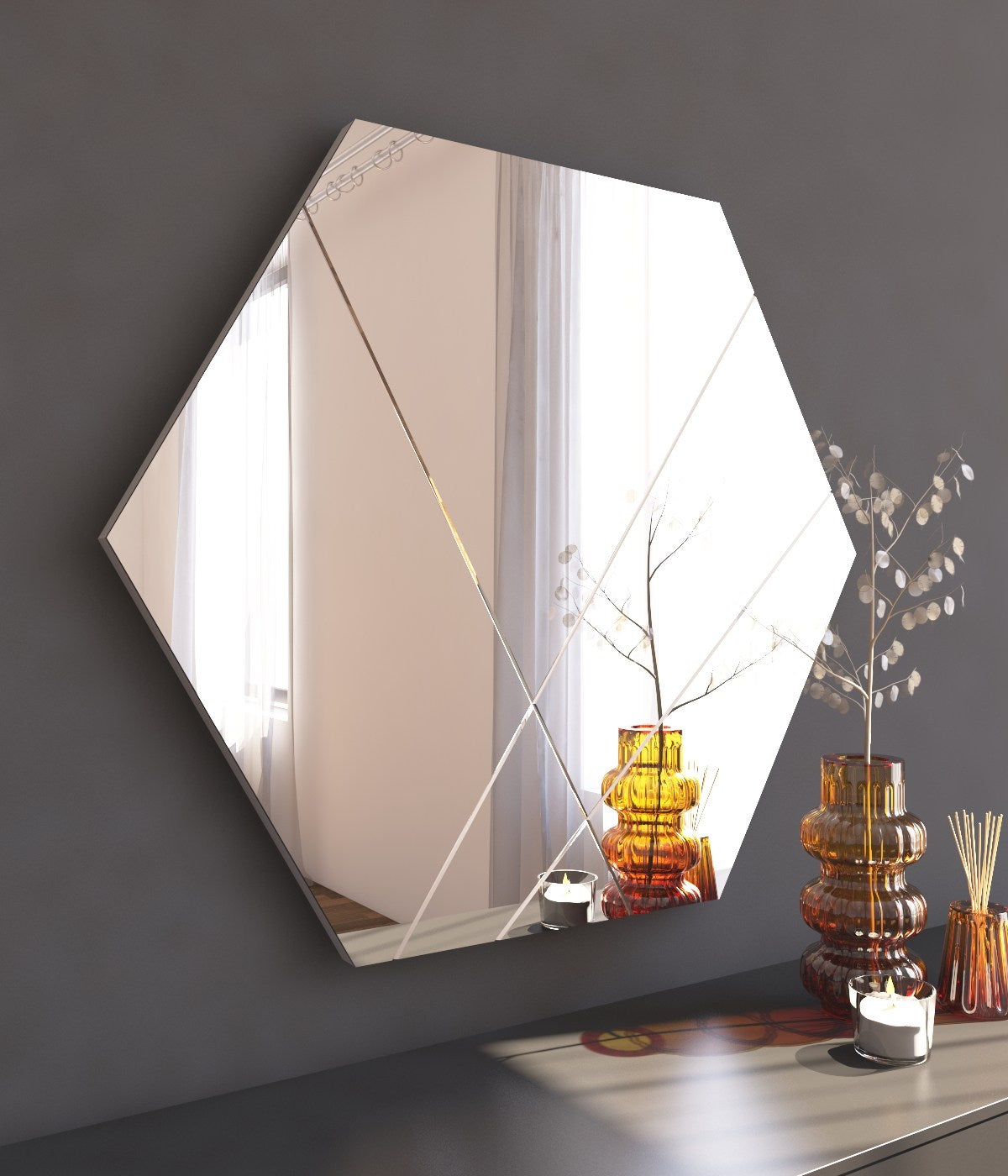Espelho de Parede Hexagonal Elegante, 70 x 60 cm, 100% MDF, Flotal-E Ecológico, Acabamento Branco | Perfeito para Decoração Moderna e Espaços Elegantes