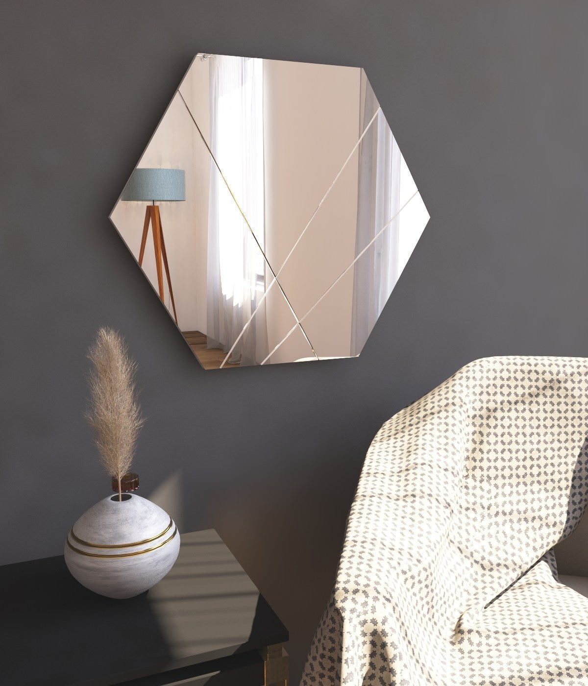 Espelho de Parede Hexagonal Elegante, 70 x 60 cm, 100% MDF, Flotal-E Ecológico, Acabamento Branco | Perfeito para Decoração Moderna e Espaços Elegantes