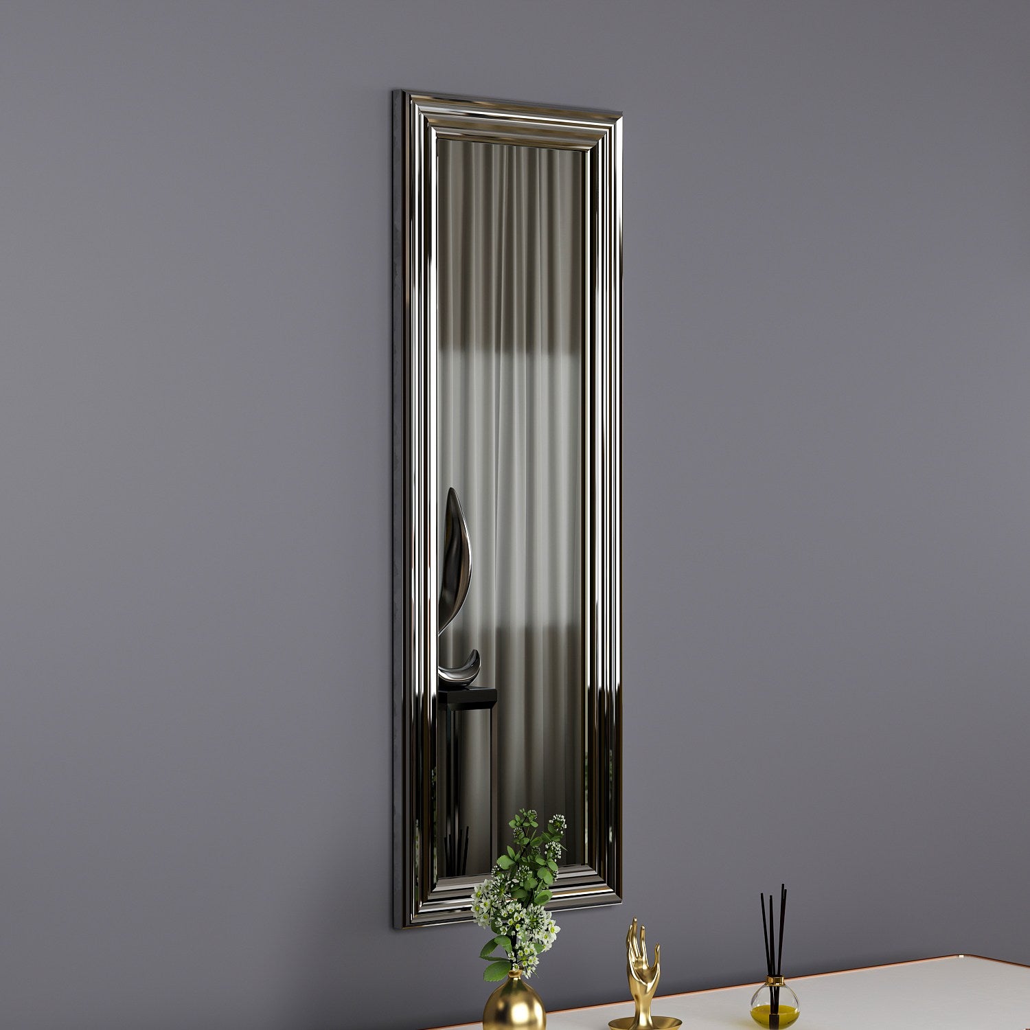 Espelho de cômoda elegante com moldura prateada, 30 x 90 cm | 100% MDF, Flotal-E ecológico | Montável na parede, um complemento elegante para qualquer quarto ou closet