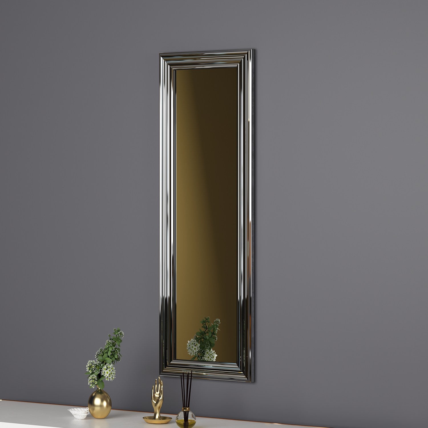Espelho de cômoda elegante com moldura prateada, 30 x 90 cm | 100% MDF, Flotal-E ecológico | Montável na parede, um complemento elegante para qualquer quarto ou closet