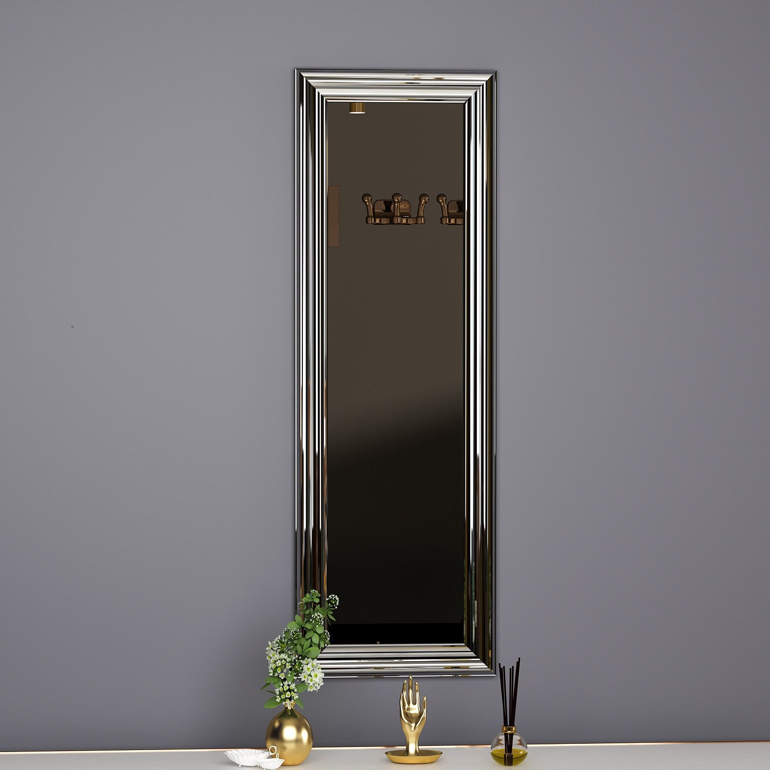 Espelho de cômoda elegante com moldura prateada, 30 x 90 cm | 100% MDF, Flotal-E ecológico | Montável na parede, um complemento elegante para qualquer quarto ou closet