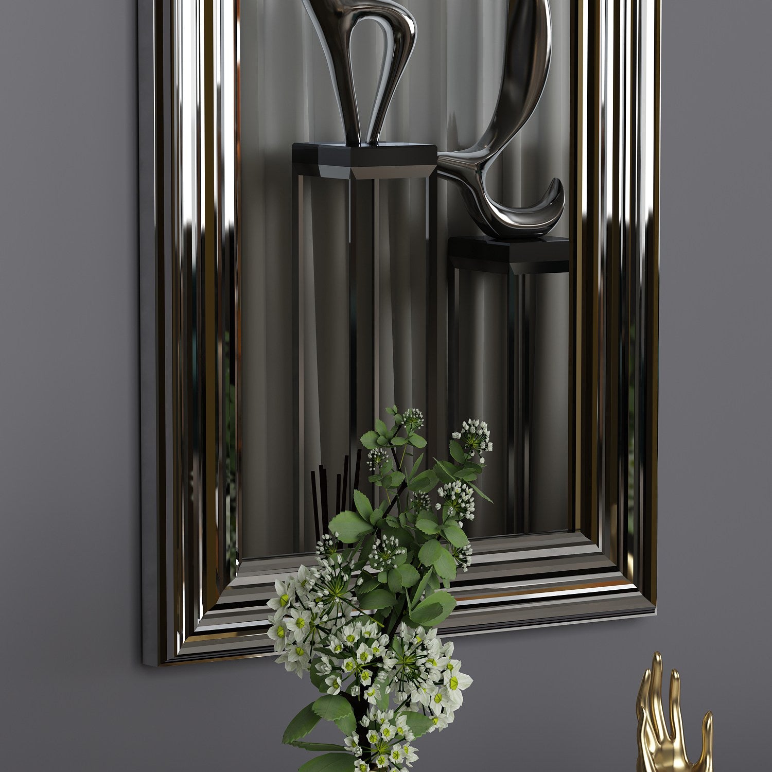 Espelho de cômoda elegante com moldura prateada, 30 x 90 cm | 100% MDF, Flotal-E ecológico | Montável na parede, um complemento elegante para qualquer quarto ou closet