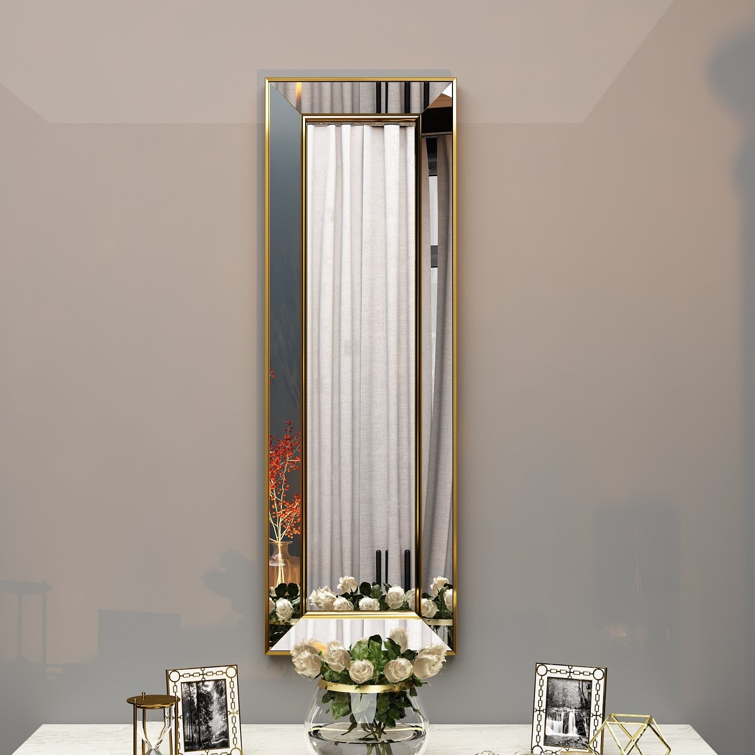 Espelho elegante com moldura dourada, 30 x 90 cm | 100% MDF, Flotal-E ecológico | Montável na parede, um complemento elegante para qualquer decoração de casa