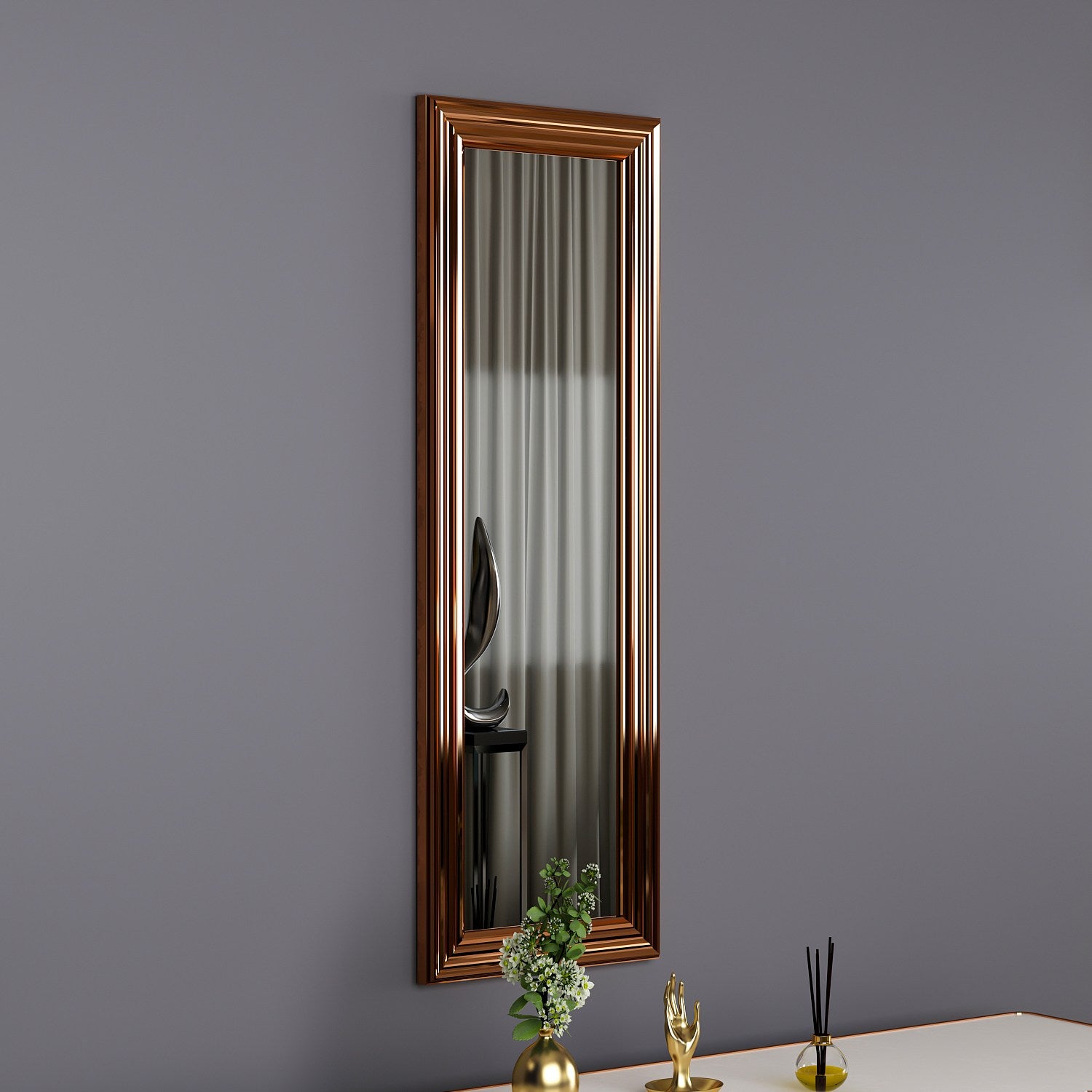 Espelho de cômoda elegante com moldura de bronze, 30 x 90 cm | 100% MDF, espelho ecológico Flotal-E | Montável na parede, um complemento elegante para qualquer ambiente