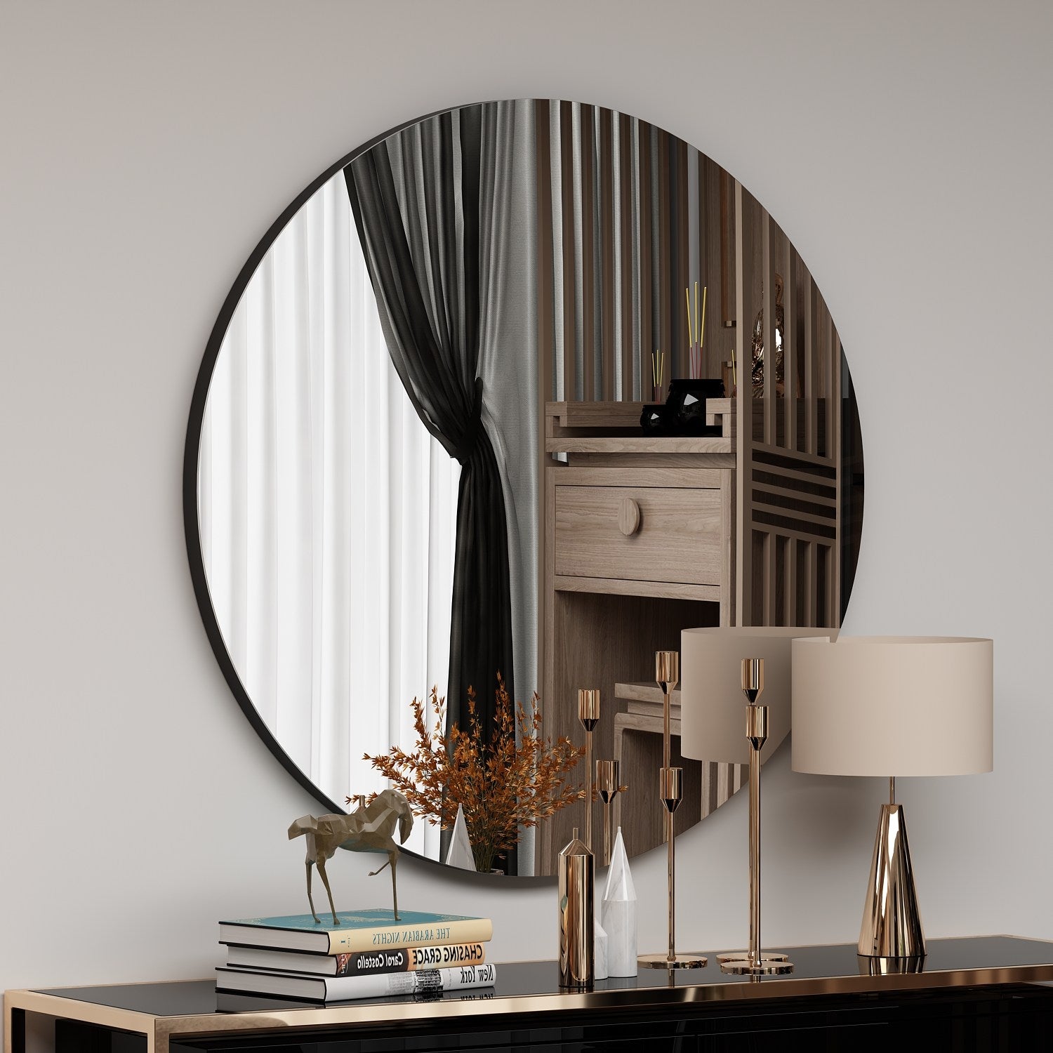 Espelho de parede redondo elegante, 70 cm, preto, 100% MDF, 2,2 cm de profundidade | Design ecológico Flotal-E | Perfeito para decoração e espaços modernos