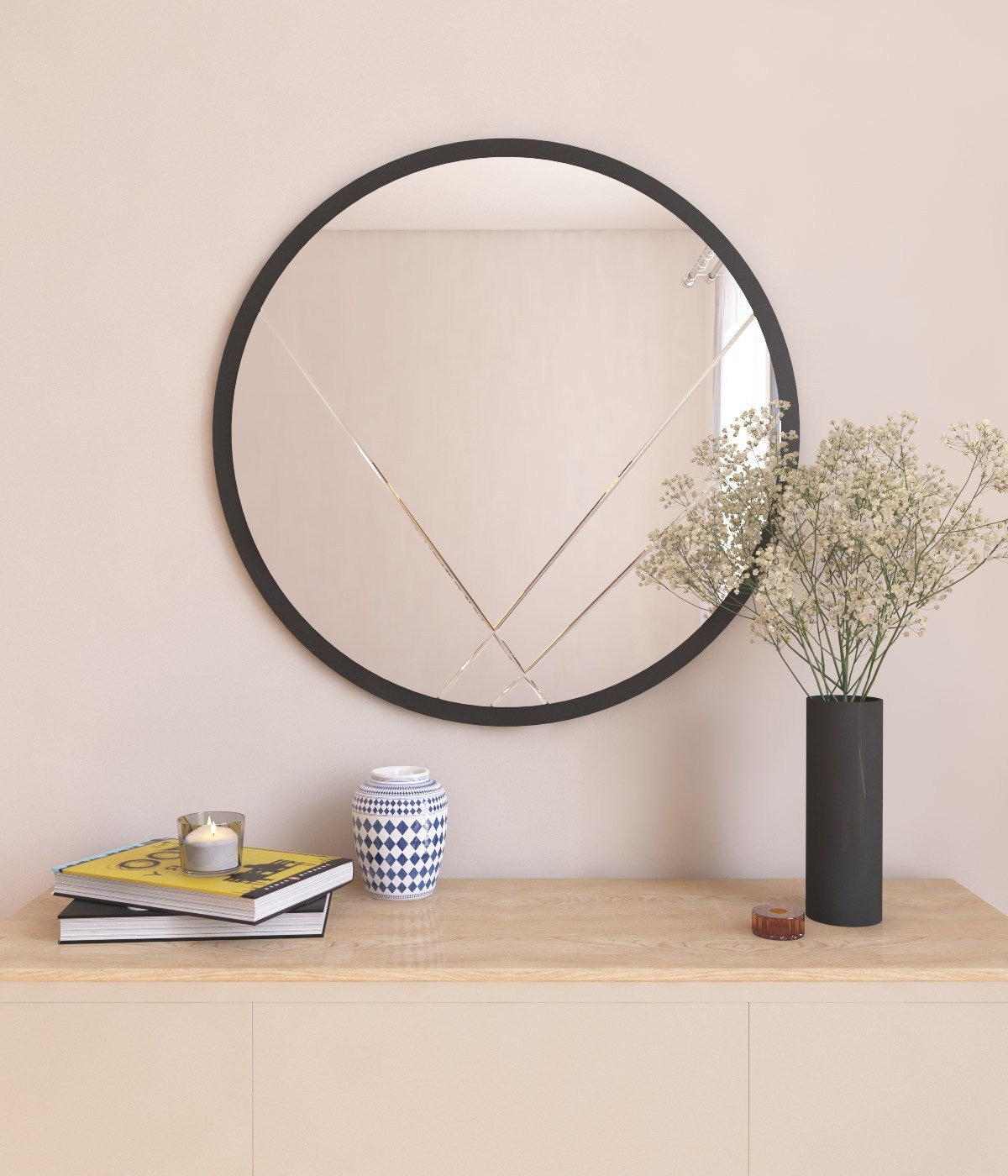 Espelho de parede redondo elegante, 60 cm, preto, 100% MDF, 2,2 cm de profundidade | Design ecológico Flotal-E | Perfeito para decoração e espaços modernos
